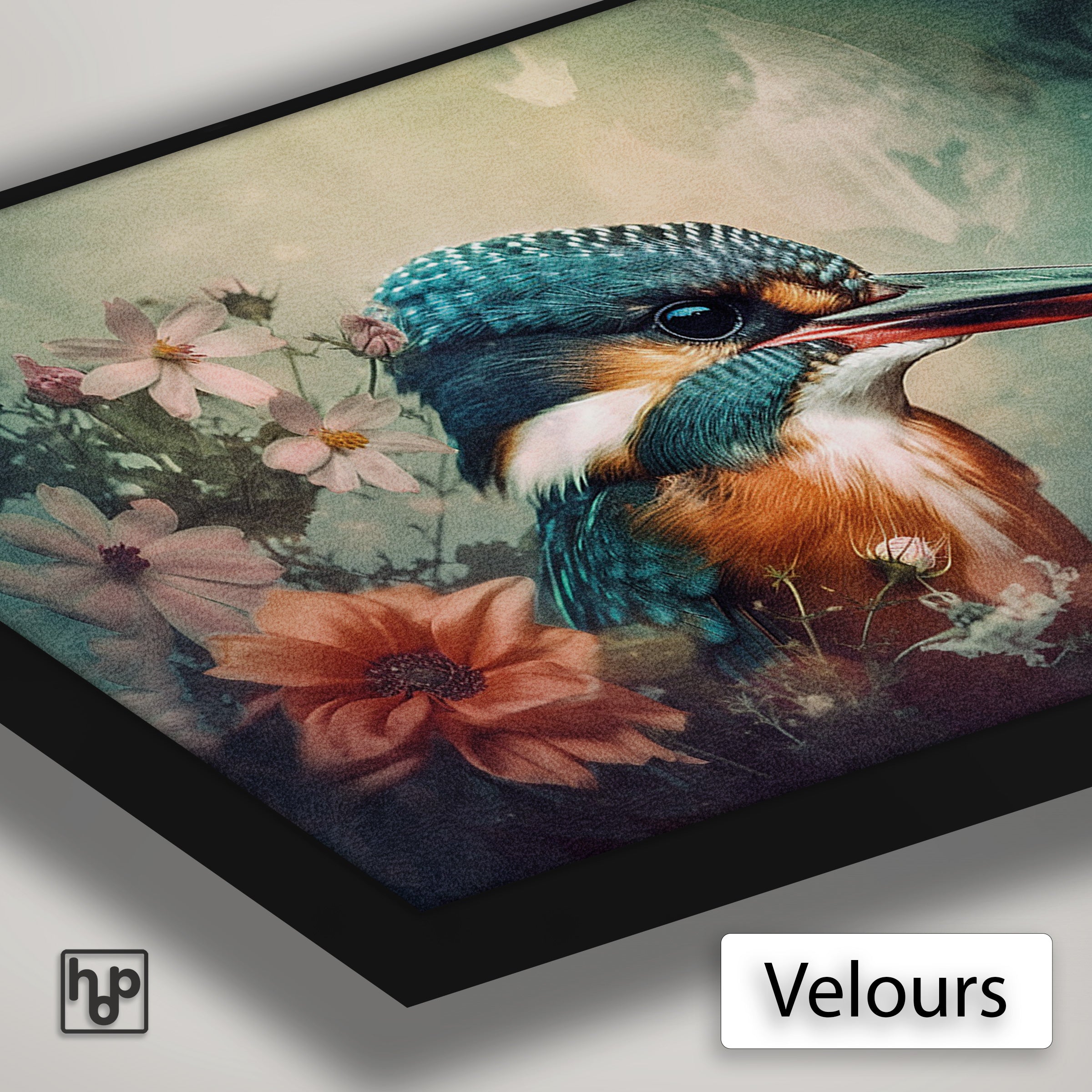 Detail van Artframe Ijsvogel 5 met velours doek en een zwart aluminium frame.
