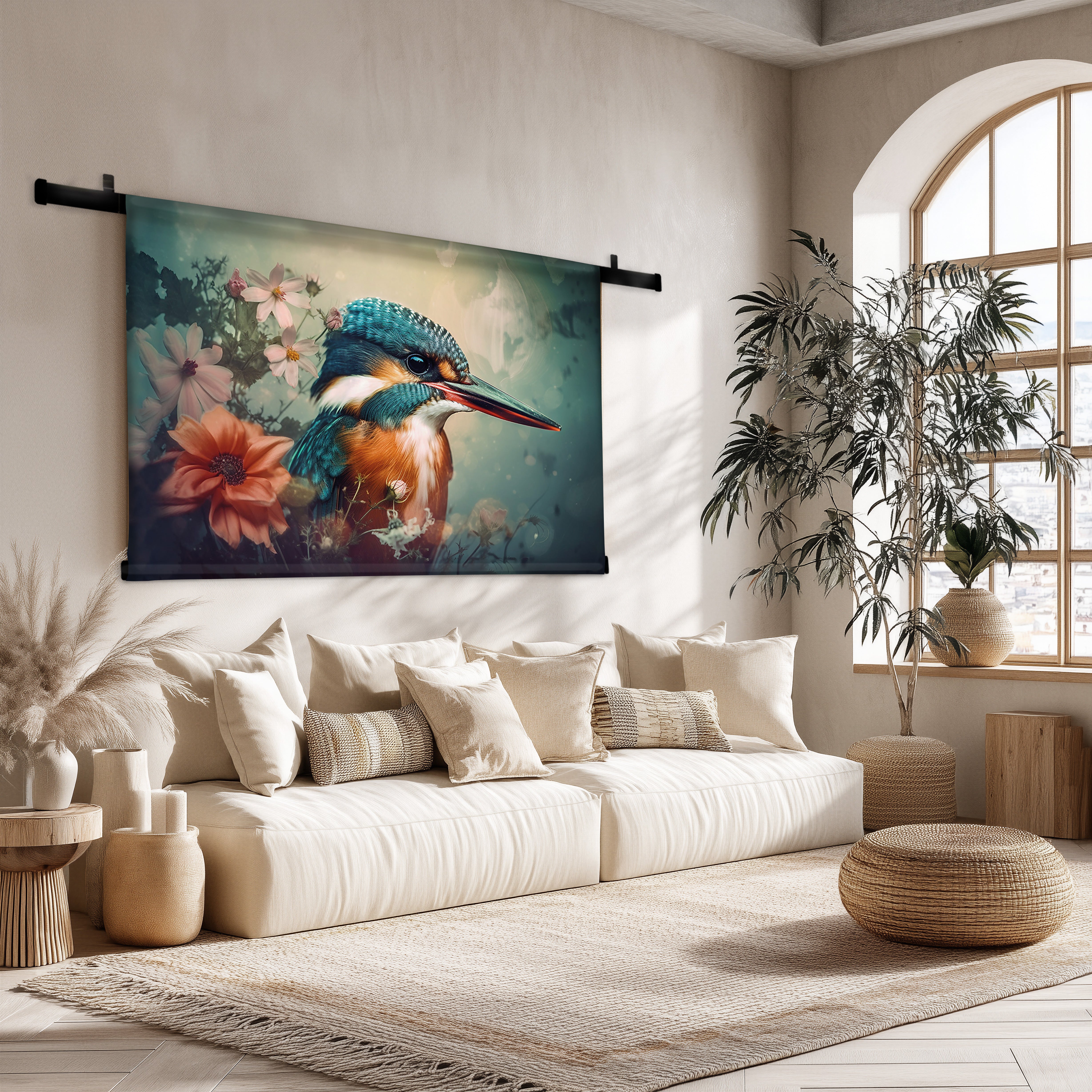 Ijsvogel 5 wandkleed met levendige blauw-oranje ijsvogel en bloemrijke details in een serene woonkamer.