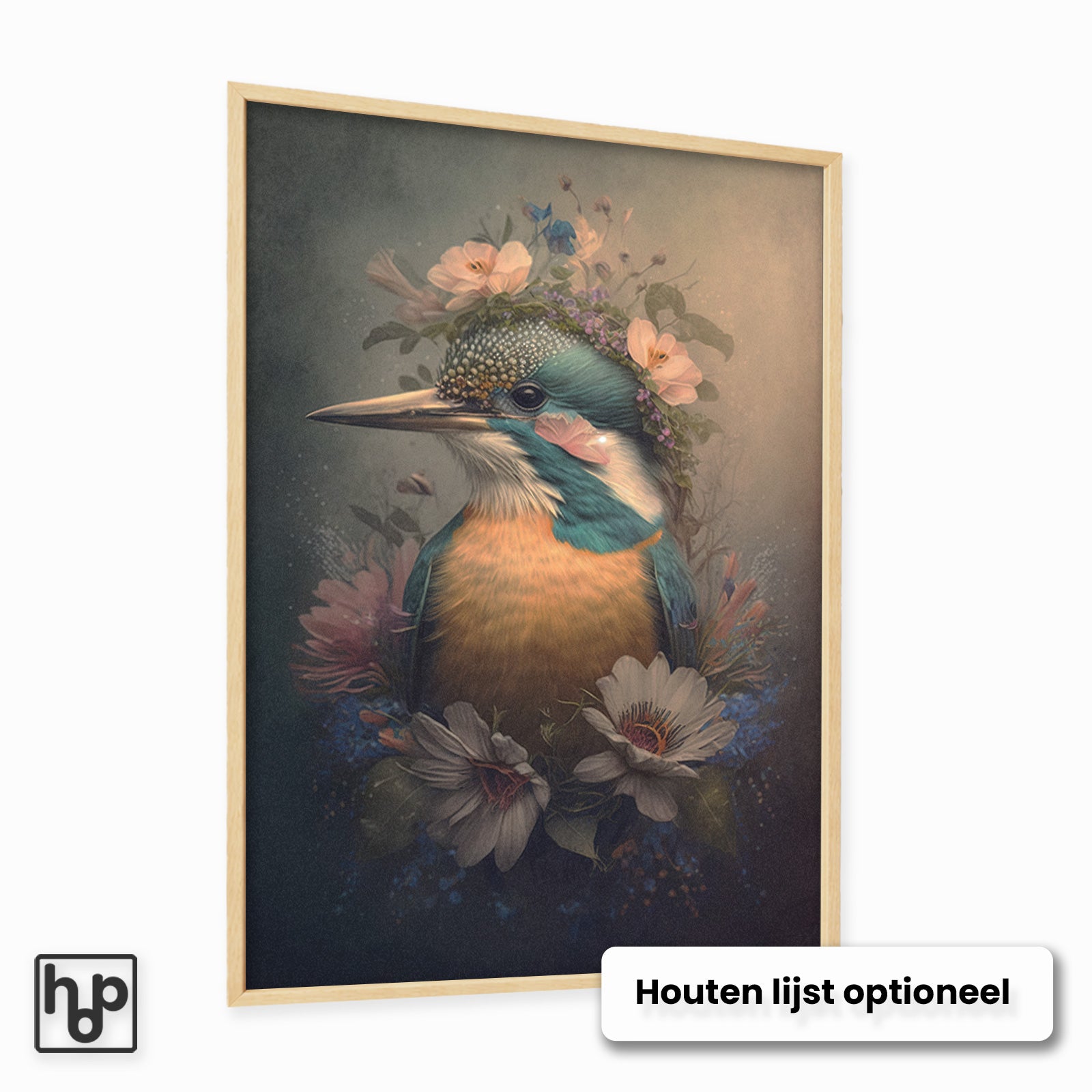 Ijsvogel 6 poster met levendige ijsvogel en bloemenkrans in een houten lijst.
