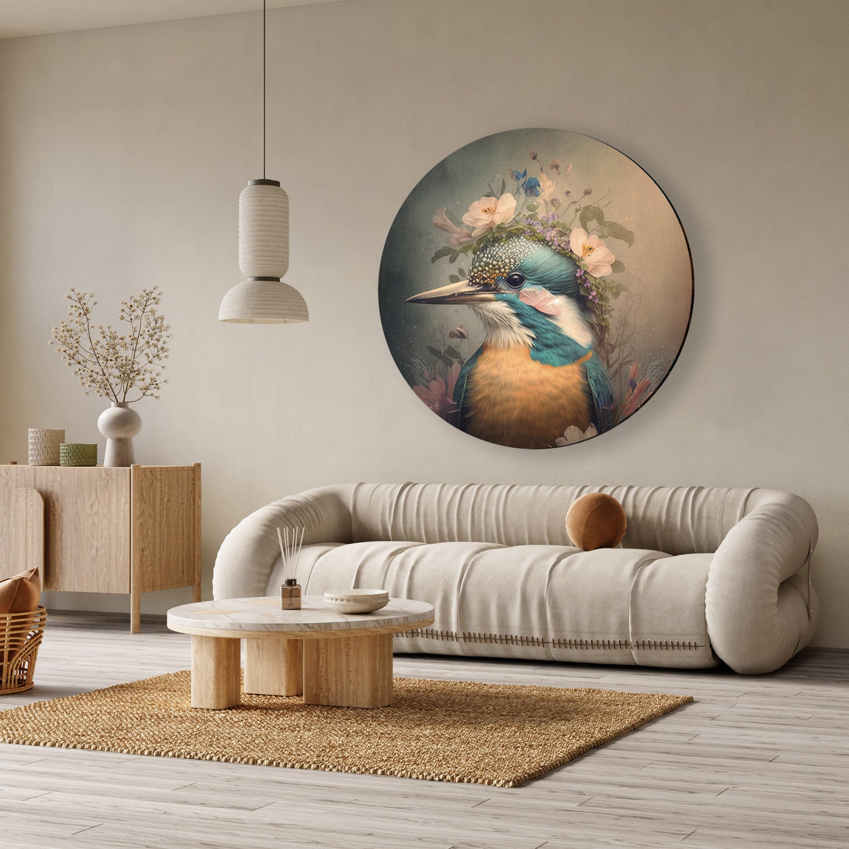 Ronde akoestische wanddecoratie met kleurrijke ijsvogel en bloemen in een modern interieur.