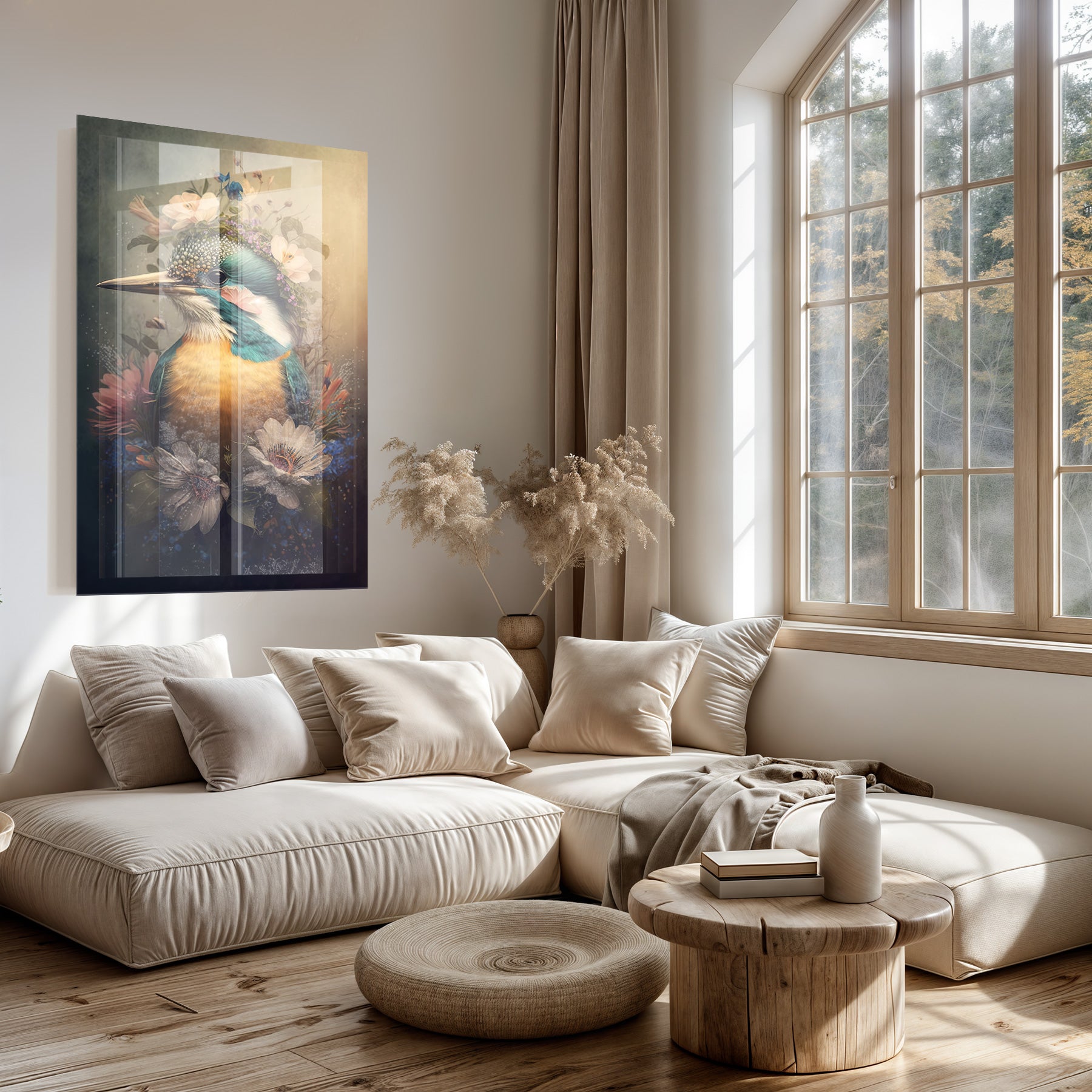 Plexiglas schilderij Ijsvogel 6 boven een lichte bank in een woonkamer.