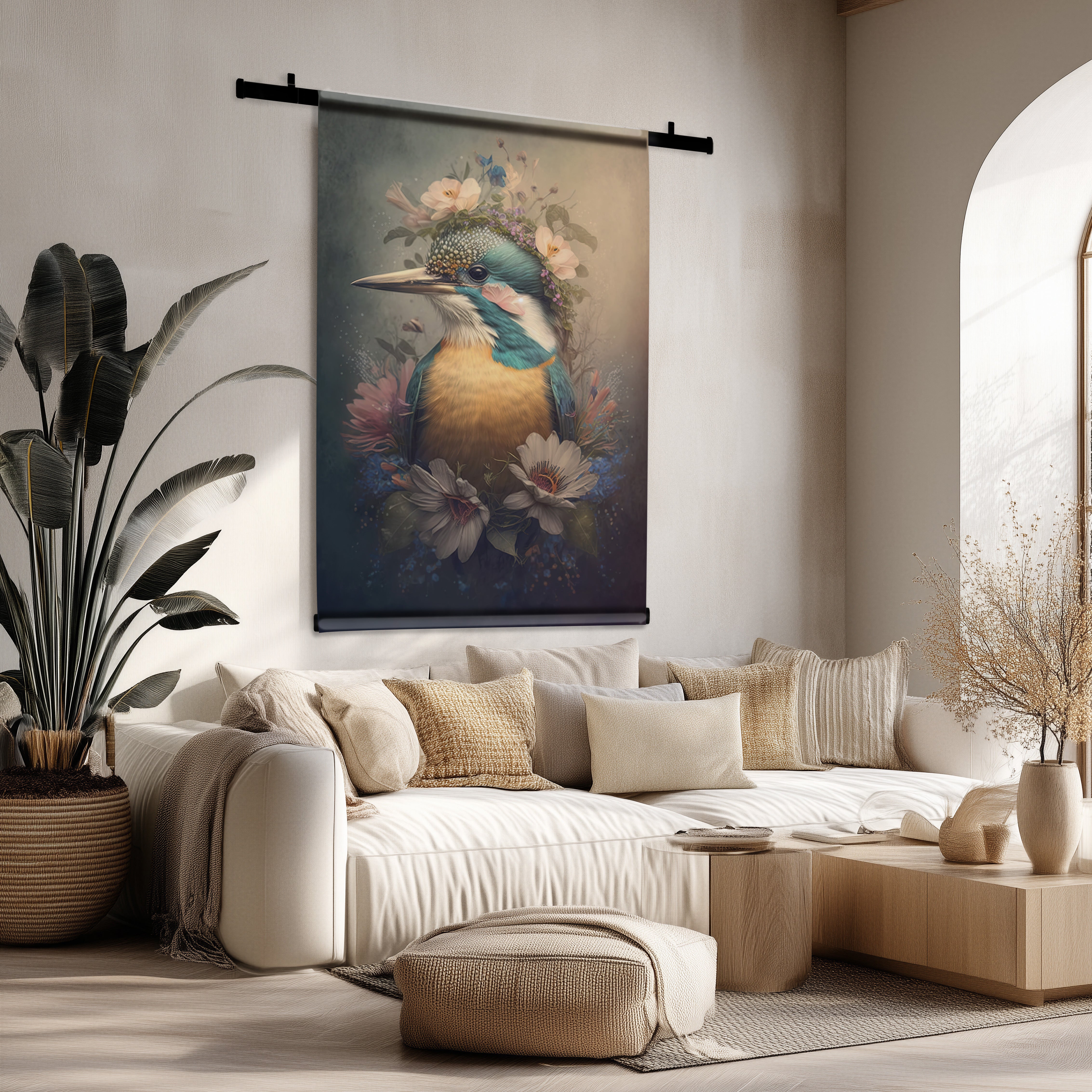 Velours wandkleed met levendige ijsvogel en bloemen in een modern interieur.
