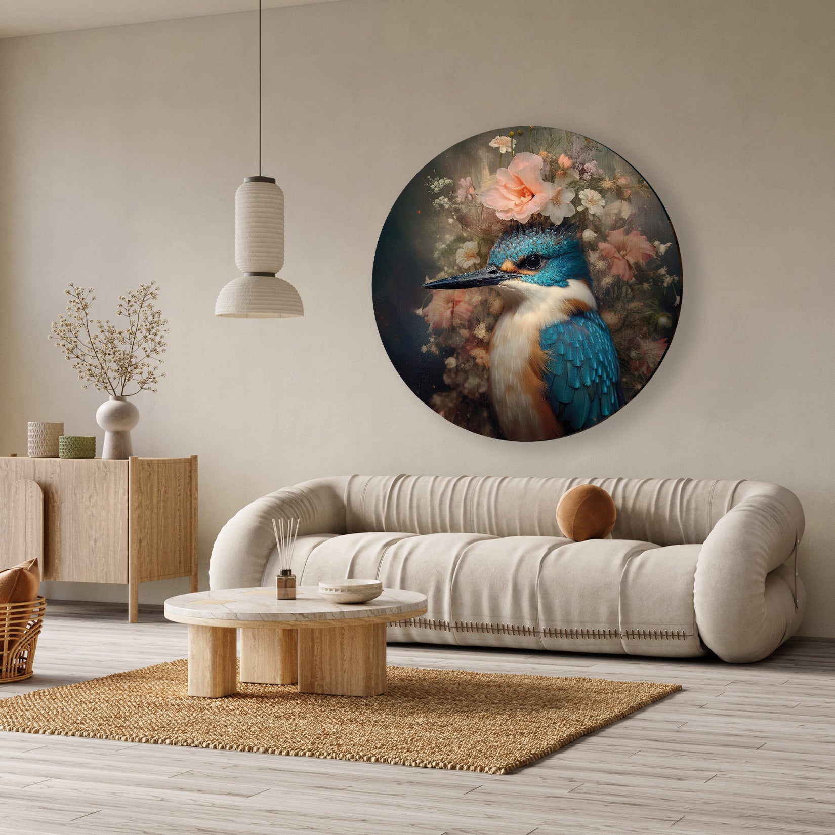 Ronde aluminium dibond muurcirkel met gedetailleerde ijsvogel en roze bloemen in een moderne woonkamer.