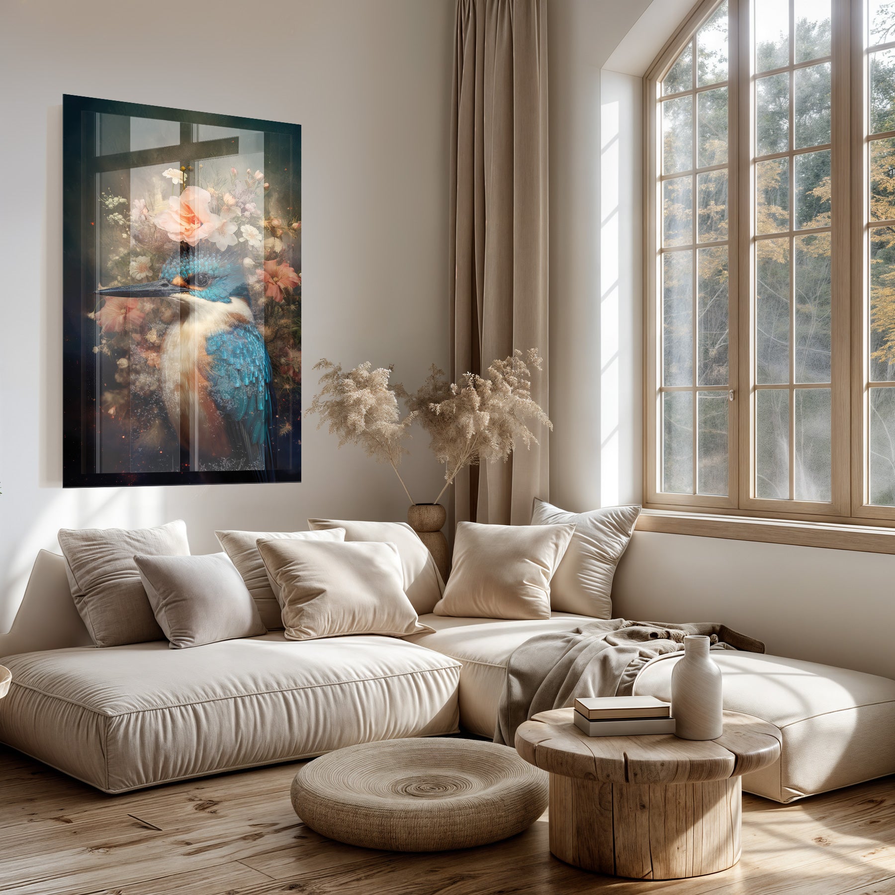 Plexiglas schilderij Ijsvogel 7 boven een lichte bank in een woonkamer.