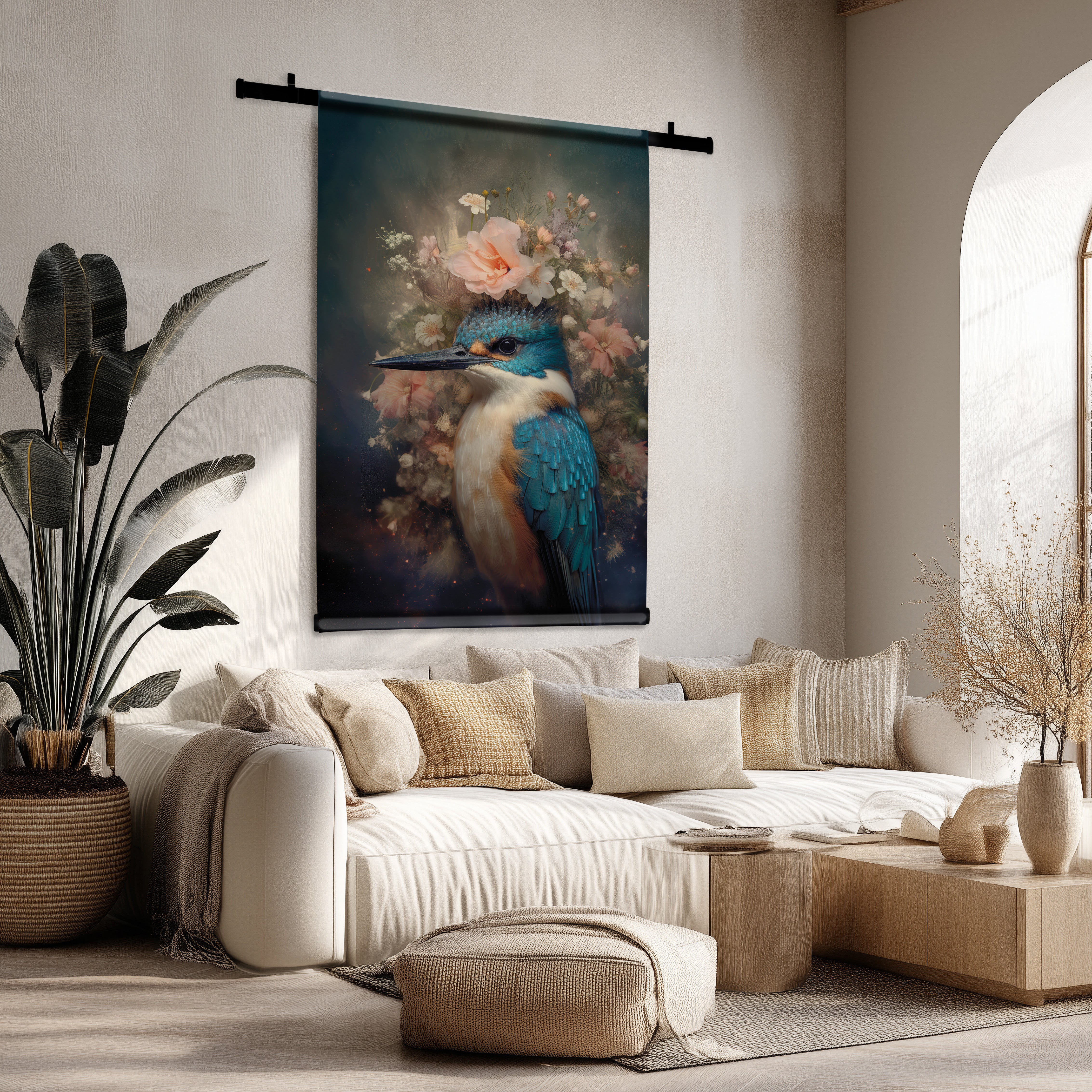 Ijsvogel 7 wandkleed met levendige blauwe ijsvogel en roze bloemen in een sfeervolle woonkamer.