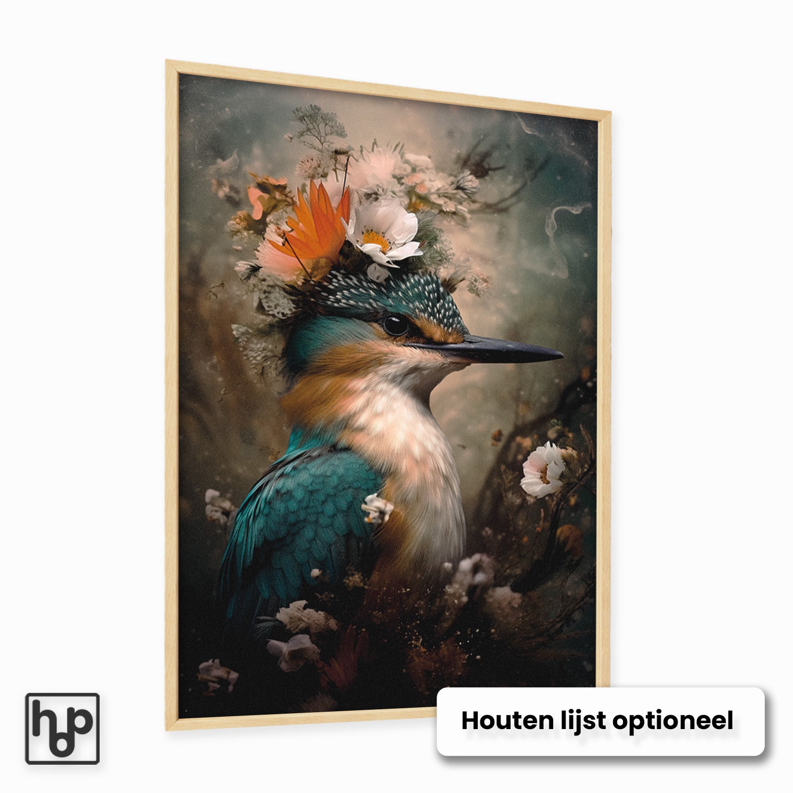 Staande poster van een ijsvogel met bloemenkroon in houten lijst, met levendige blauw-oranje tinten.