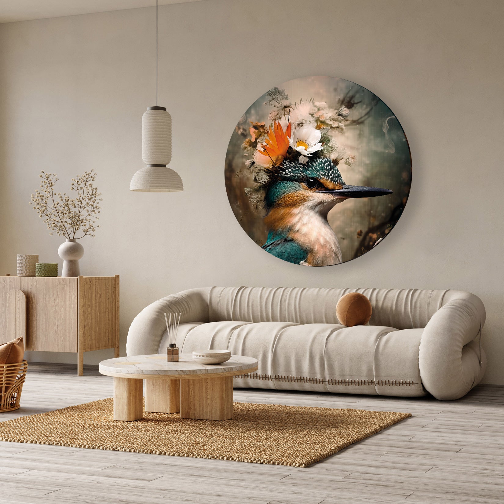Ronde aluminium dibond muurcirkel met levendige ijsvogel en bloemen in een modern interieur.