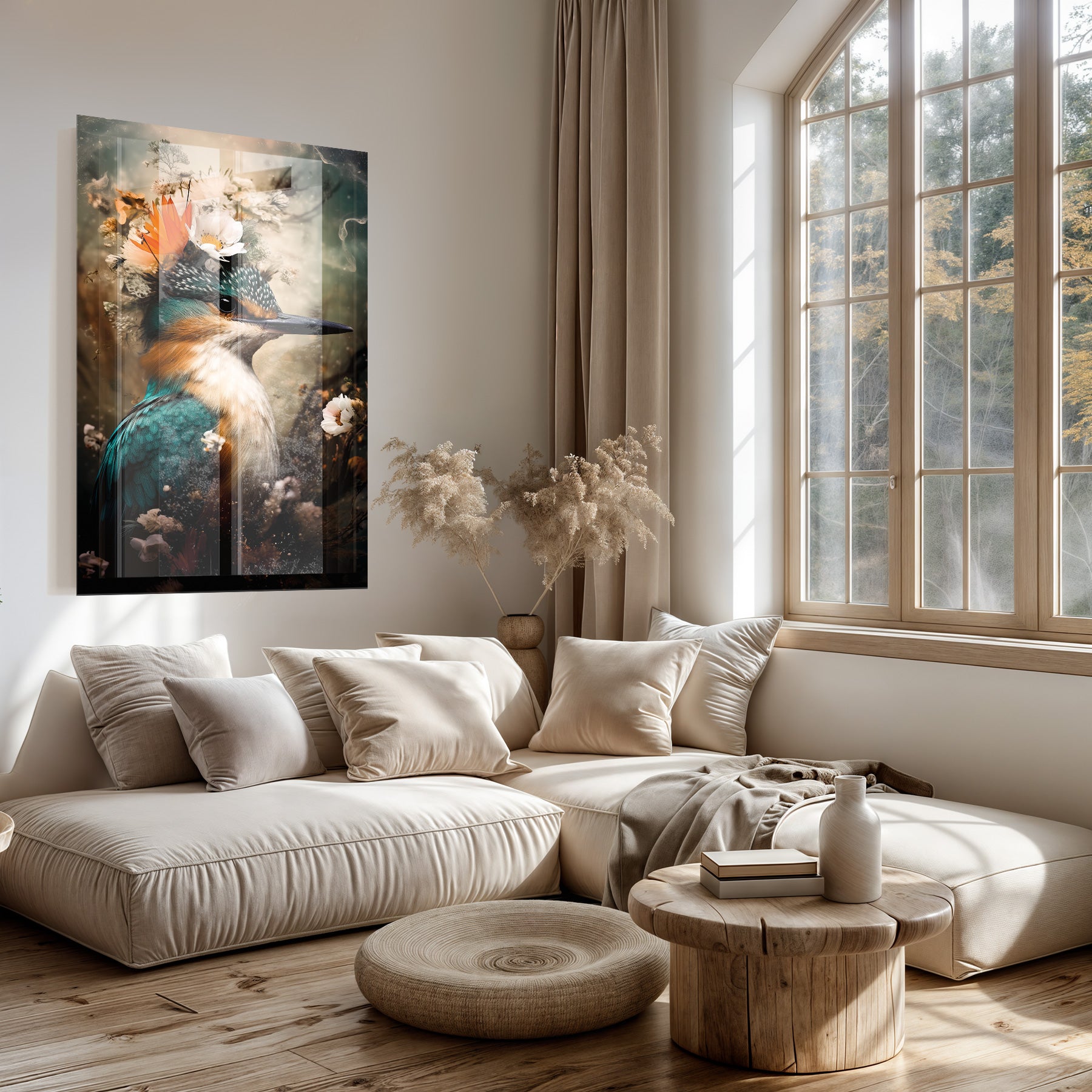 Plexiglas schilderij Ijsvogel 8 boven een lichte bank in een woonkamer.