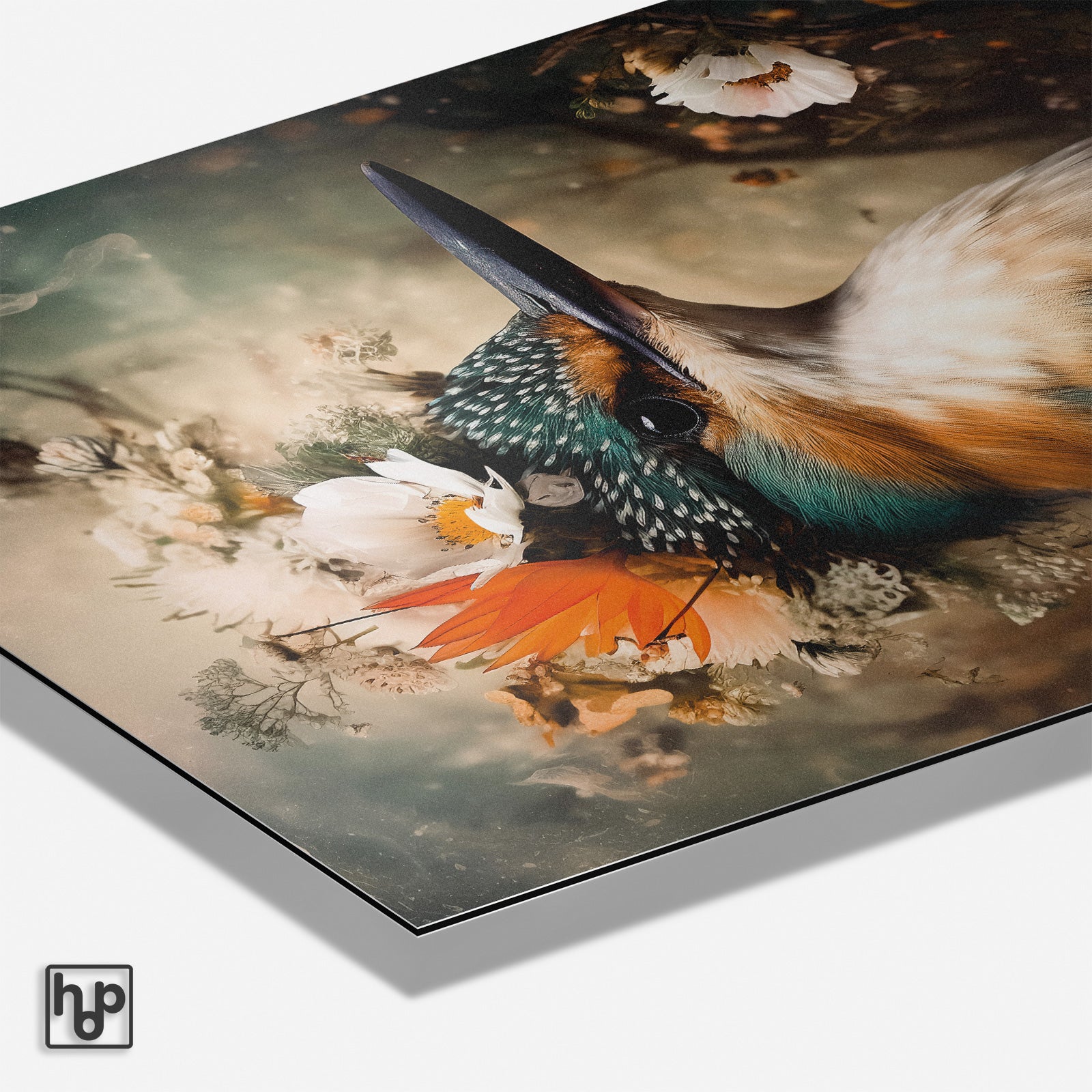 Ijsvogel 8 poster met levendige ijsvogel en bloemen, staand, hoogwaardige print op metaal.