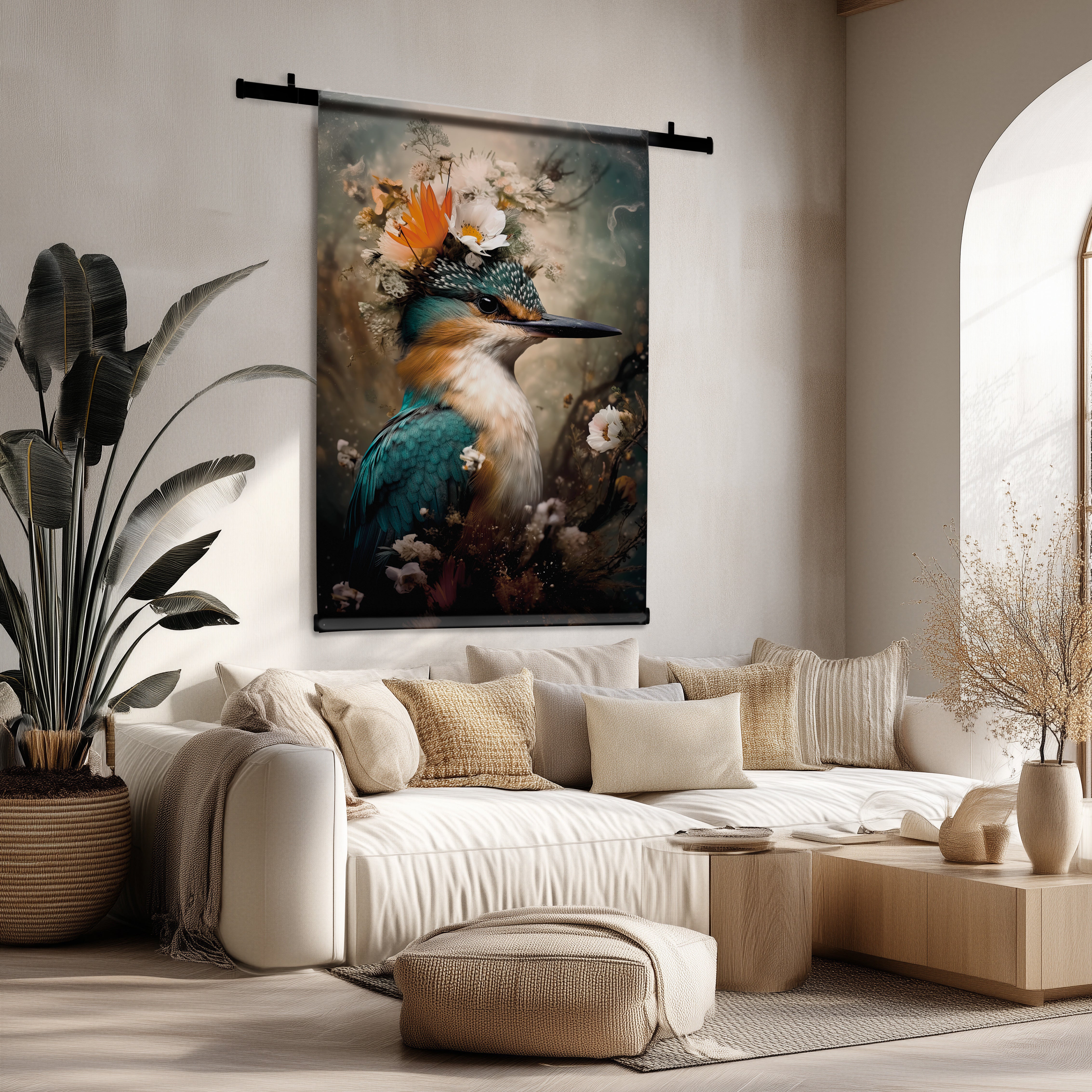 Elegant wandkleed met levendige ijsvogel en bloemen, hangend boven een lichte bank in een moderne woonkamer.