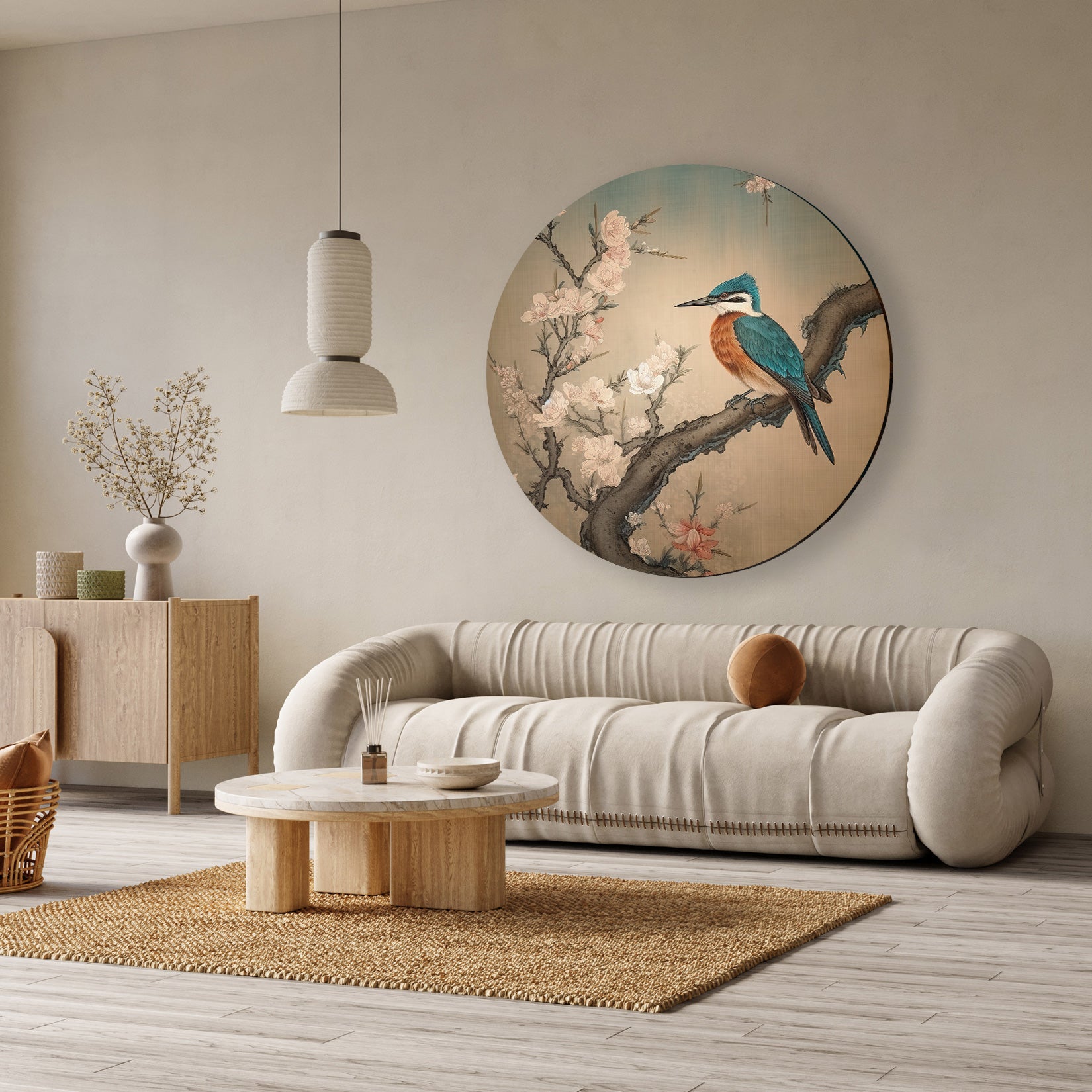 Ronde muurcirkel met een ijsvogel op een bloesemtak, boven een beige bank in een minimalistische woonkamer.