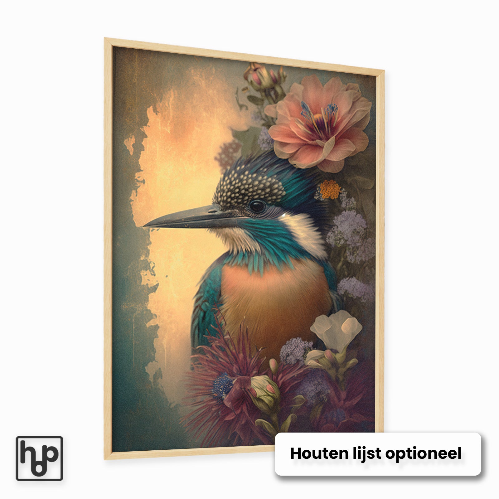 Levendige ijsvogel in botanische setting, ingelijst in licht hout.