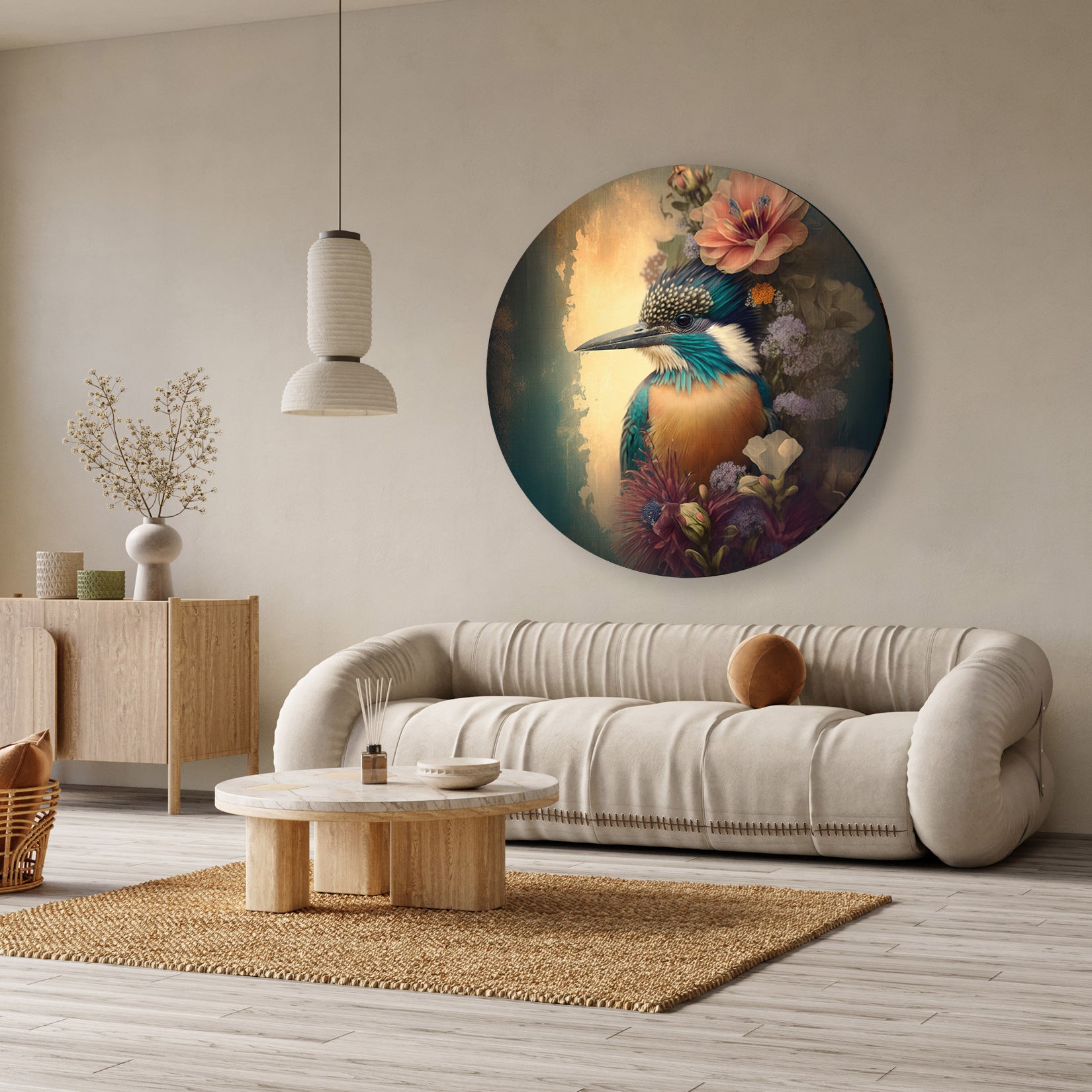 Ronde muurcirkel van aluminium dibond met levendige ijsvogel en bloemen op een blauw-oranje achtergrond.