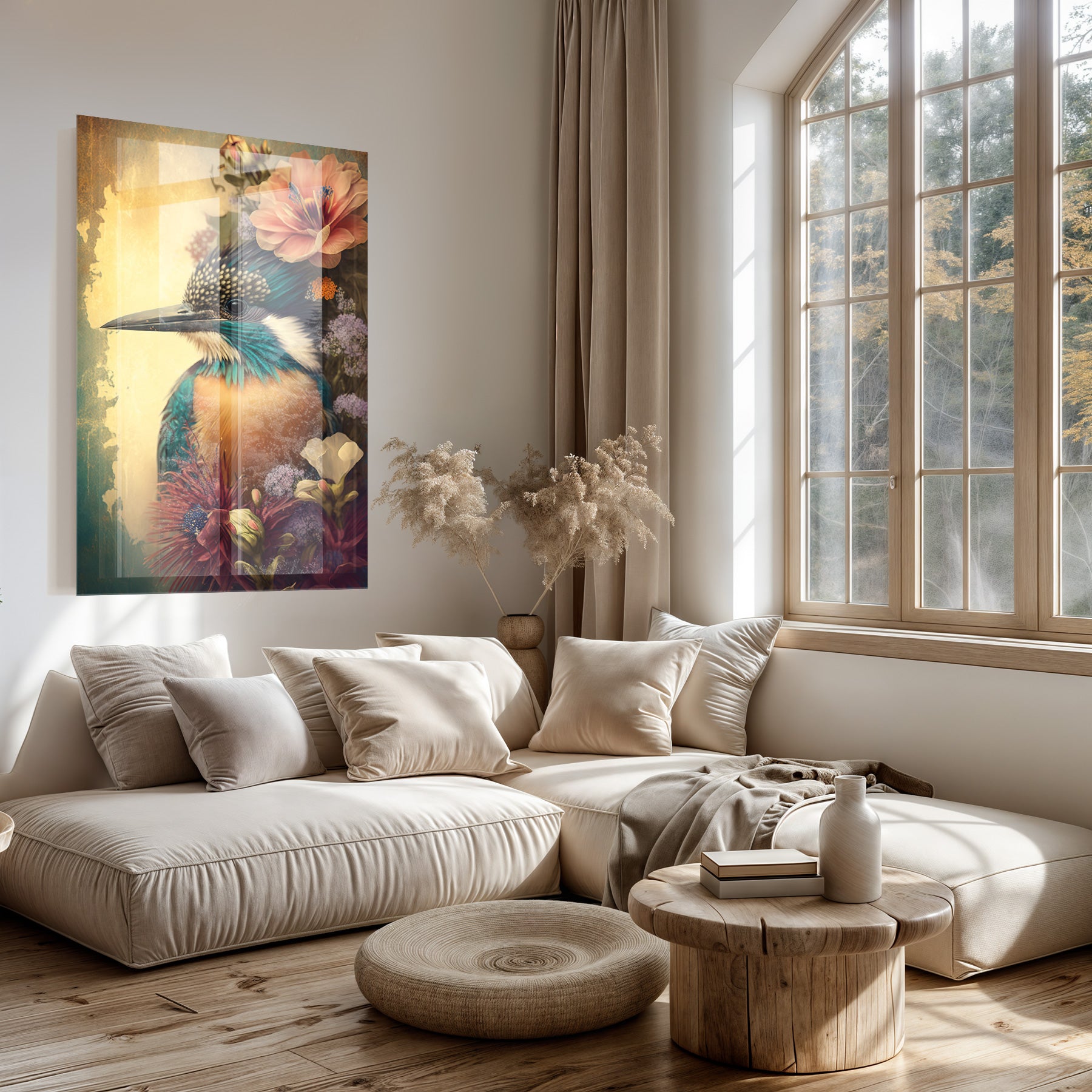 Plexiglas schilderij Ijsvogel boven een lichte bank in een woonkamer.