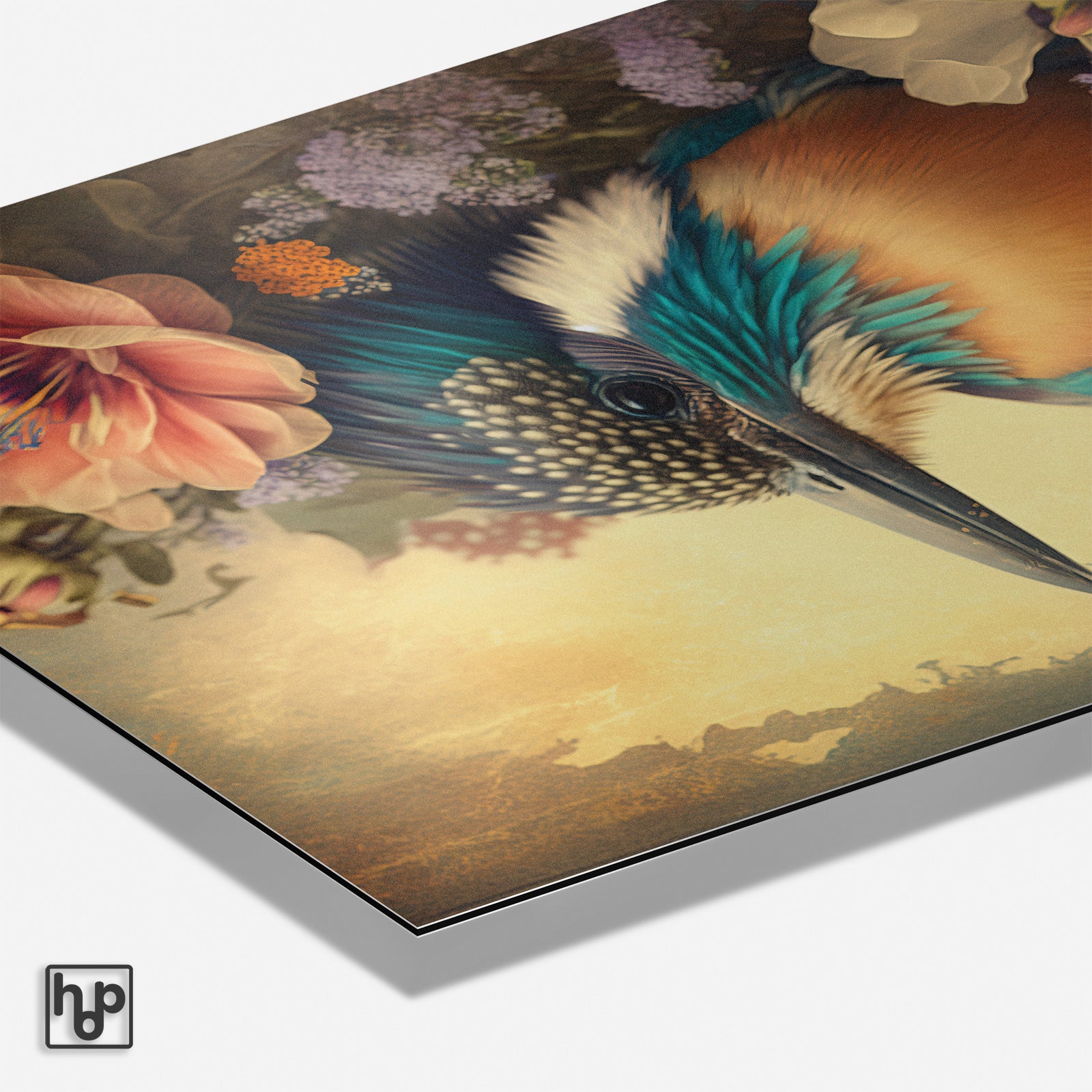 Levendige ijsvogel in botanische setting, een kleurrijke wanddecoratie met bloemen.