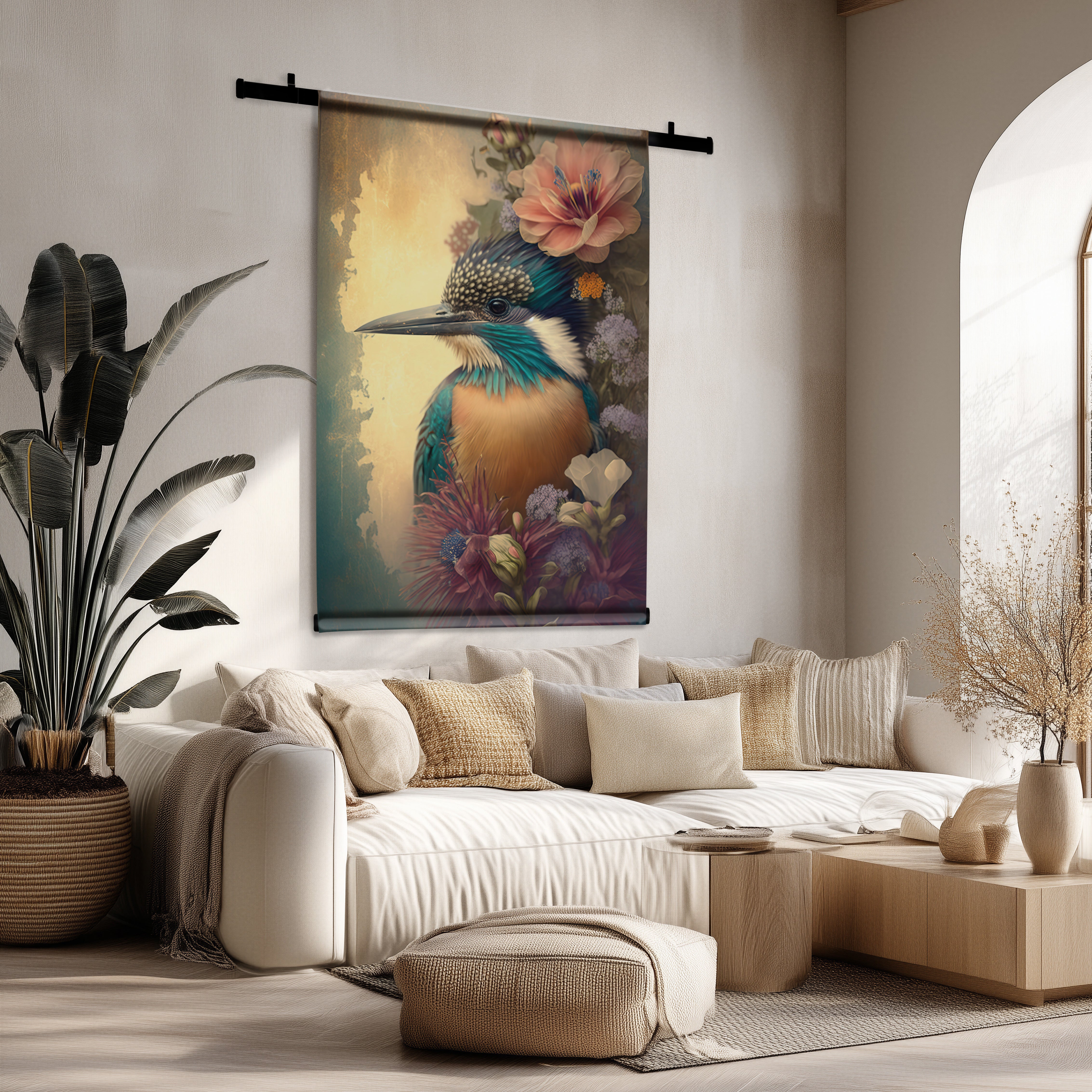 Velours wandkleed met levendige ijsvogel en bloemen, hangend boven een lichte bank in een serene woonkamer.