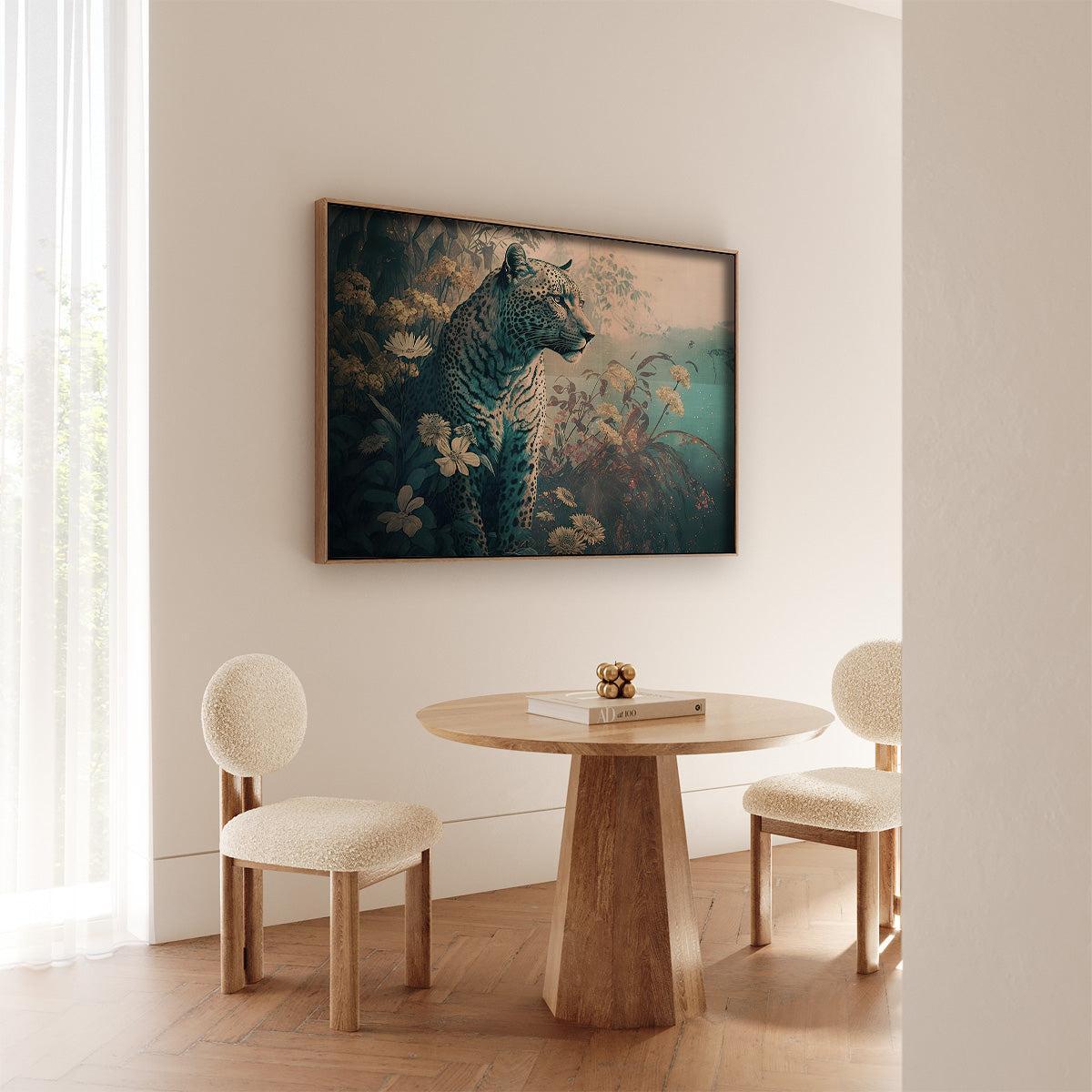 Papieren poster Luipaard 2 aan de muur bij een ronde houten eettafel.
