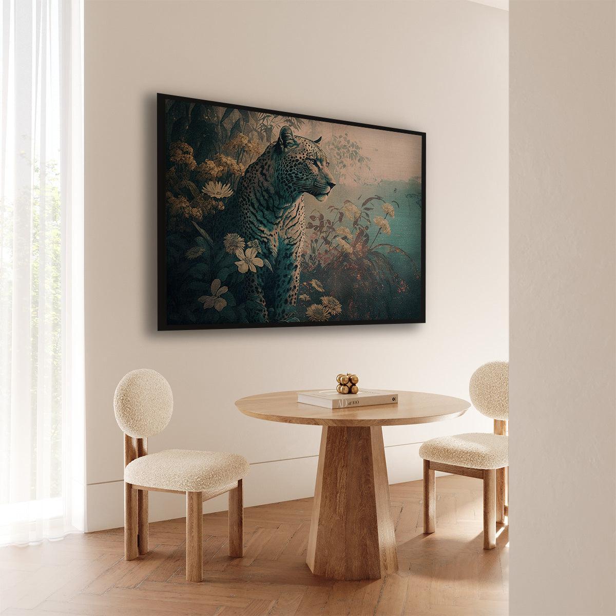 Artframe Luipaard 2 aan de muur bij een ronde houten eettafel.
