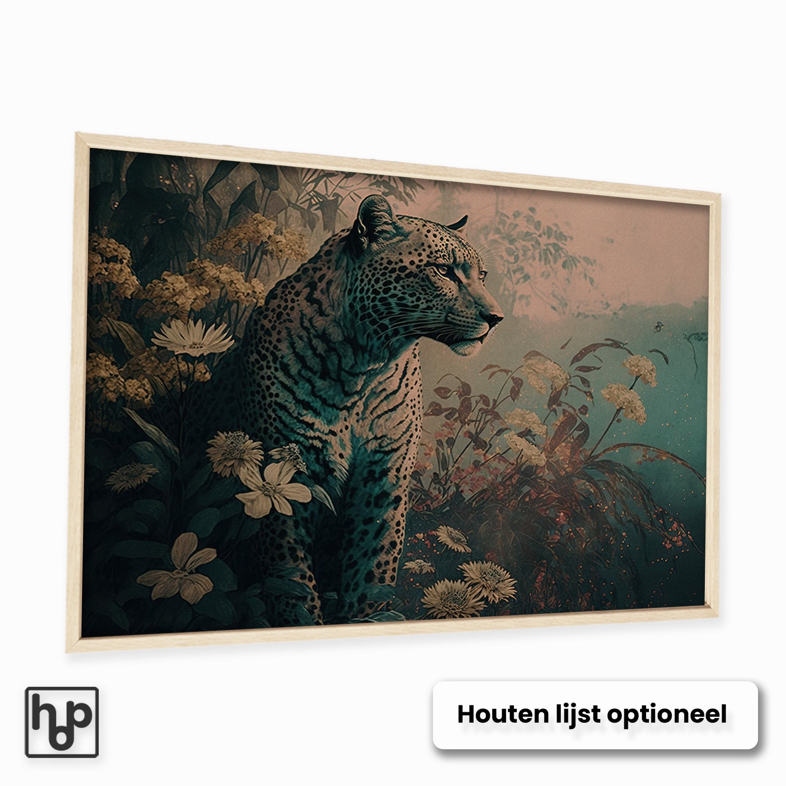 Liggende poster met een luipaard in botanische omgeving, omringd door bloemen, in een houten lijst.