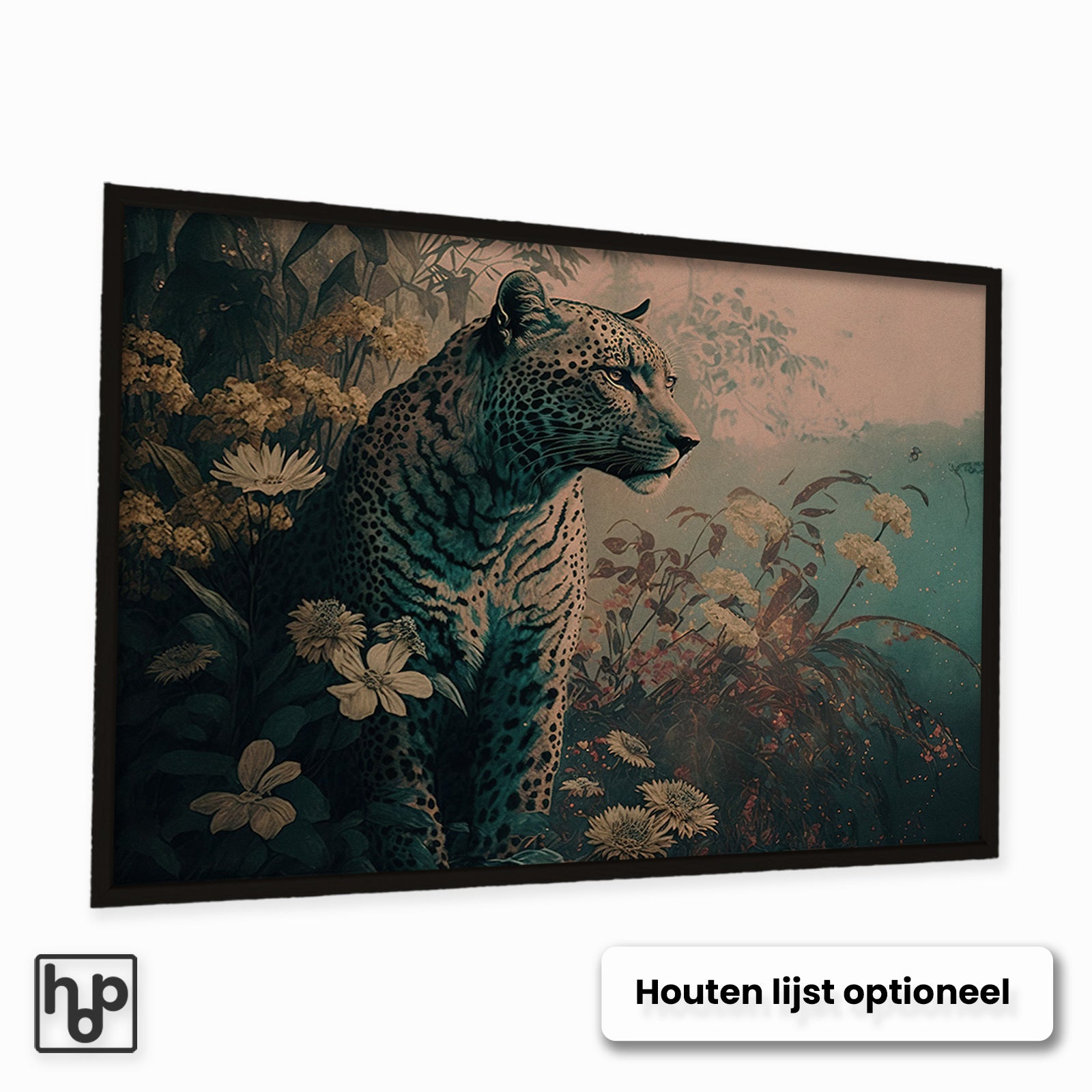 Liggende poster van een luipaard met botanische accenten in natuurlijke kleuren, optioneel met houten lijst.