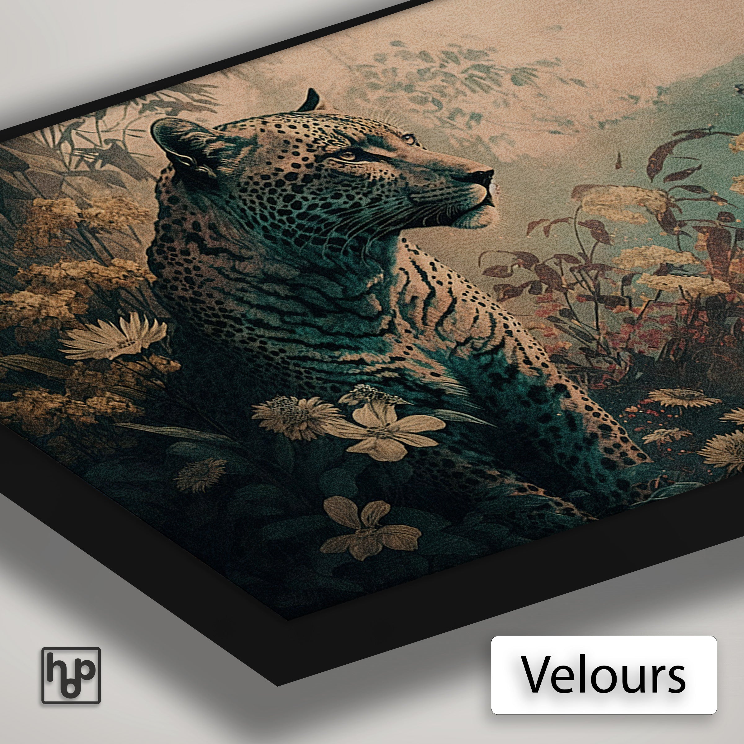 Detail van Artframe Luipaard 2 met velours doek en een zwart aluminium frame.