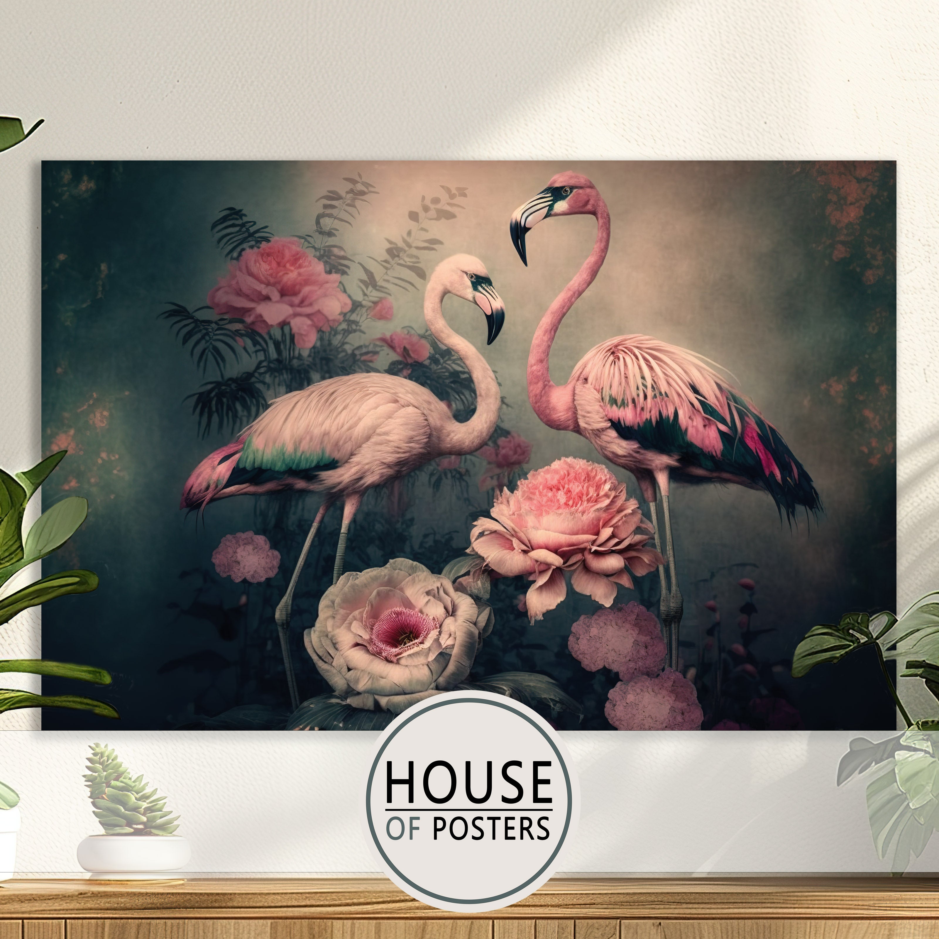 Schilderij liggend flamingos