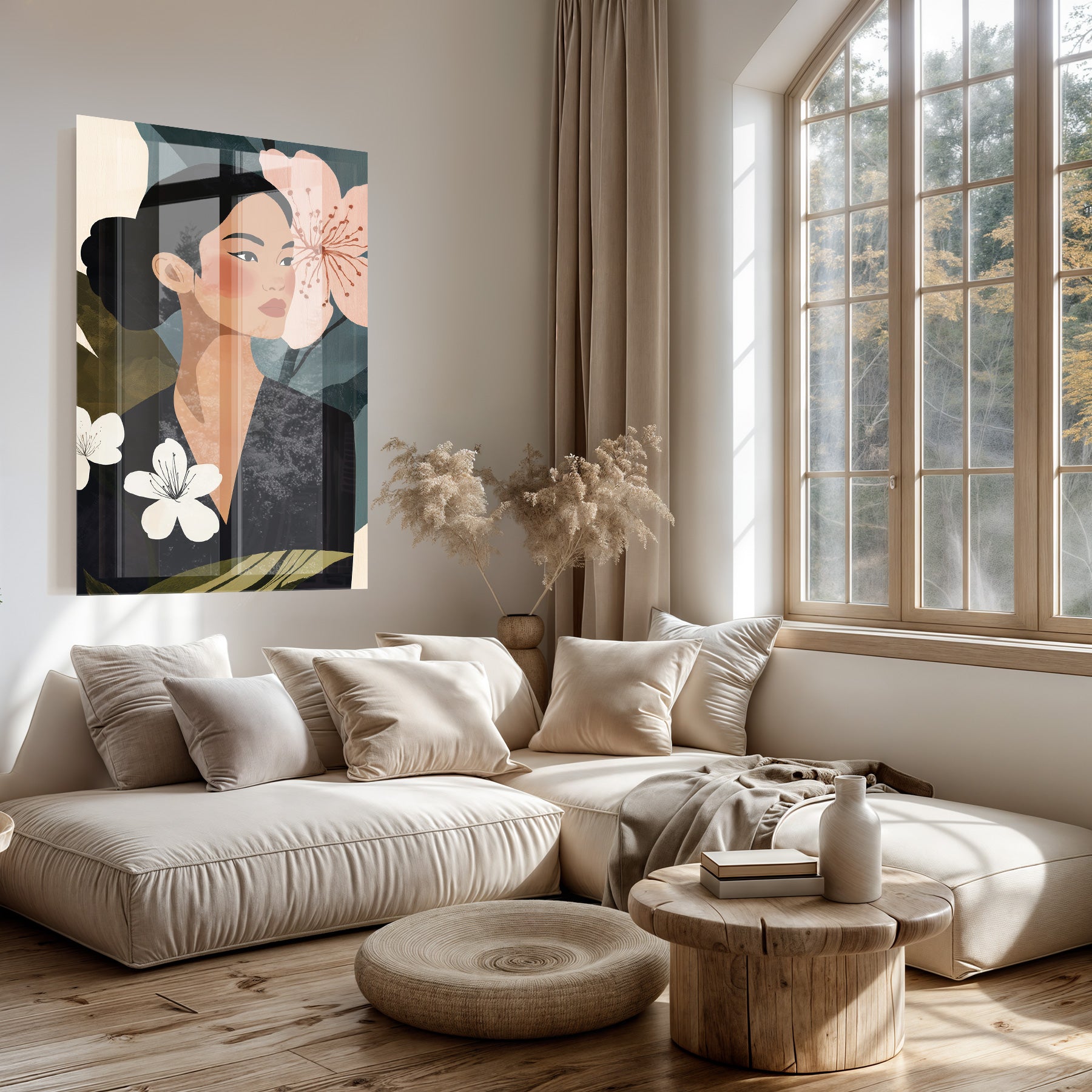 Plexiglas schilderij Lily boven een lichte bank in een woonkamer.