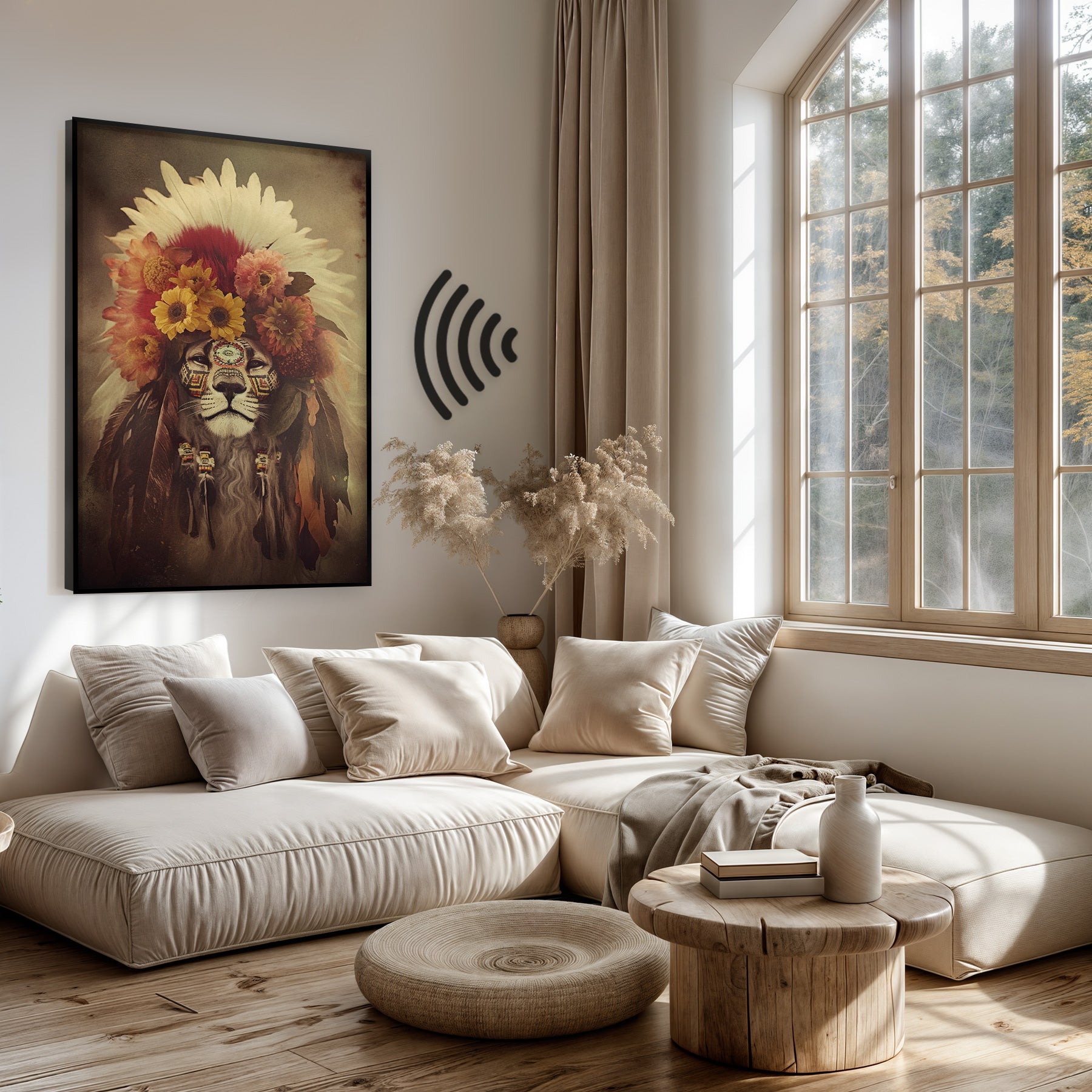 Akoestisch paneel Leeuw 3 boven een lichte bank in een woonkamer.