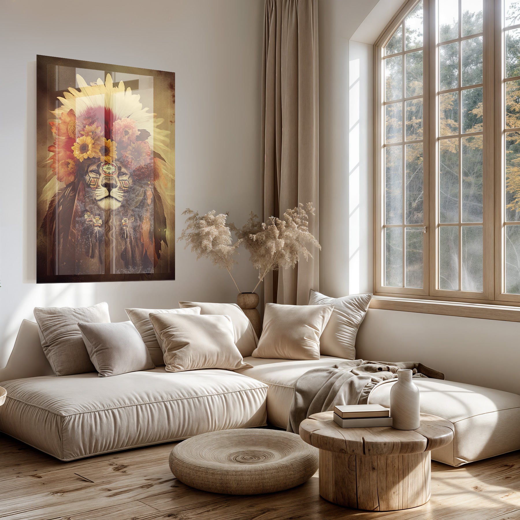 Plexiglas schilderij Leeuw 3 boven een lichte bank in een woonkamer.