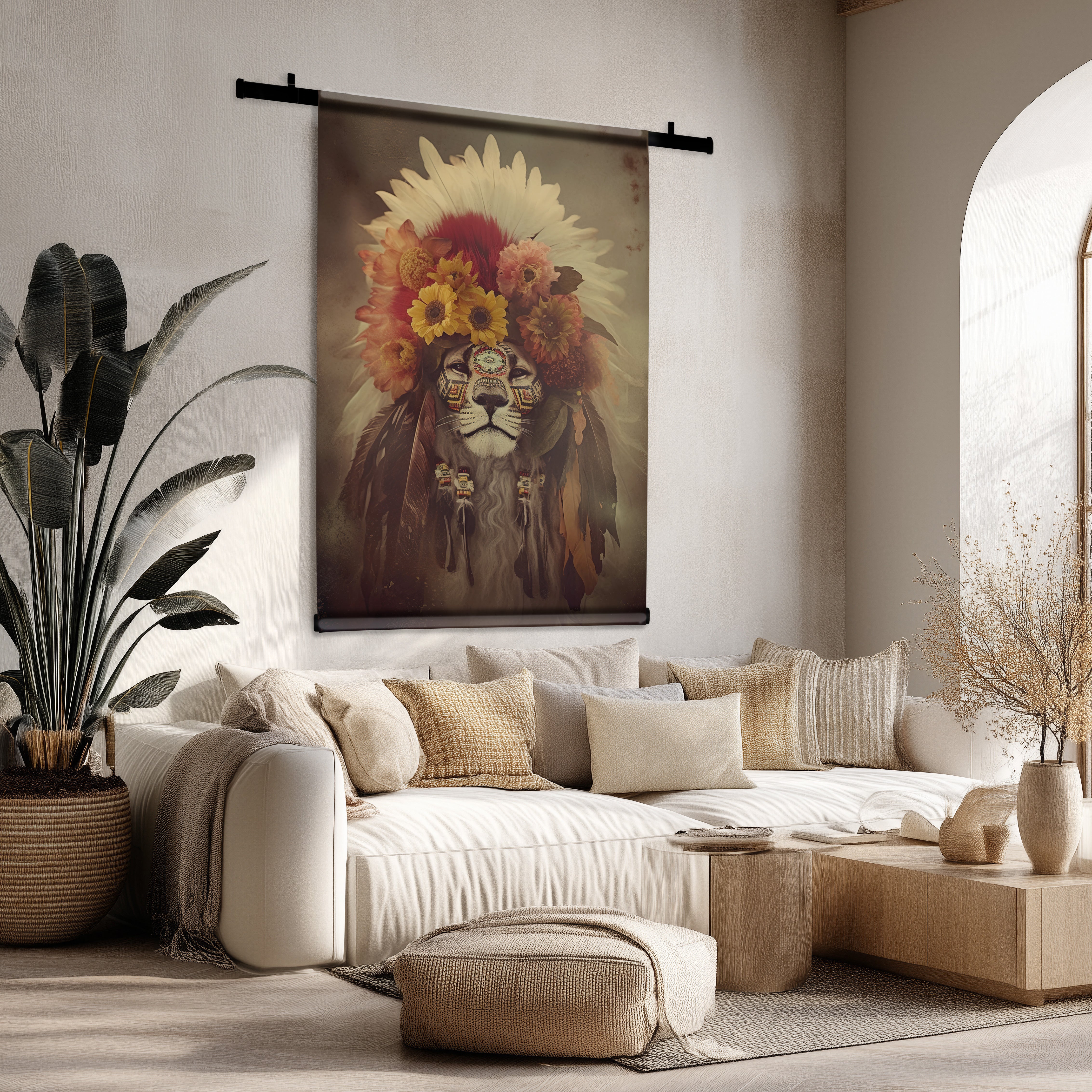 Wandkleed met leeuwmotief, versierd met bloemen en veren, hangend boven een beige bank in een lichte woonkamer.