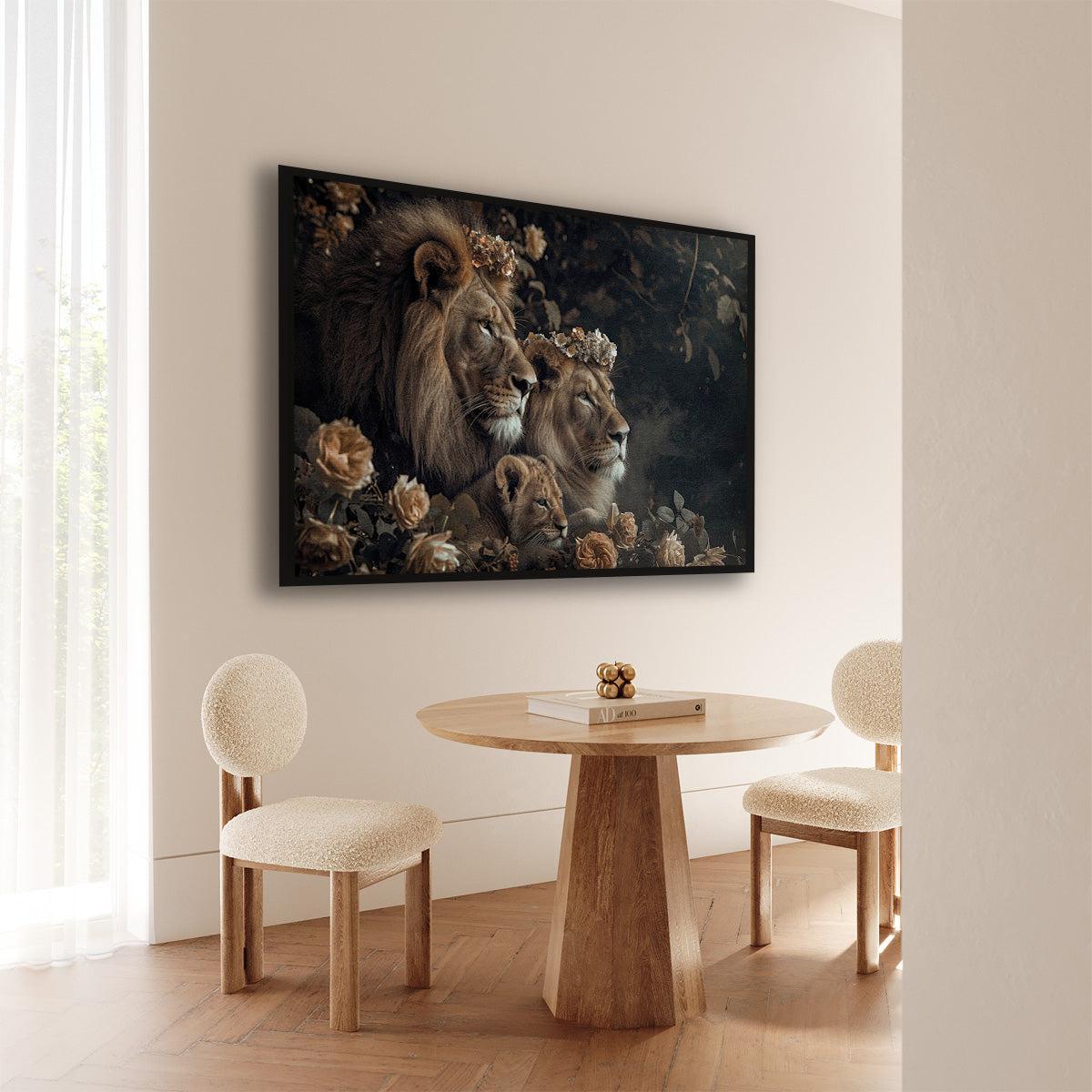 Artframe Leeuwen familie aan de muur bij een ronde houten eettafel.