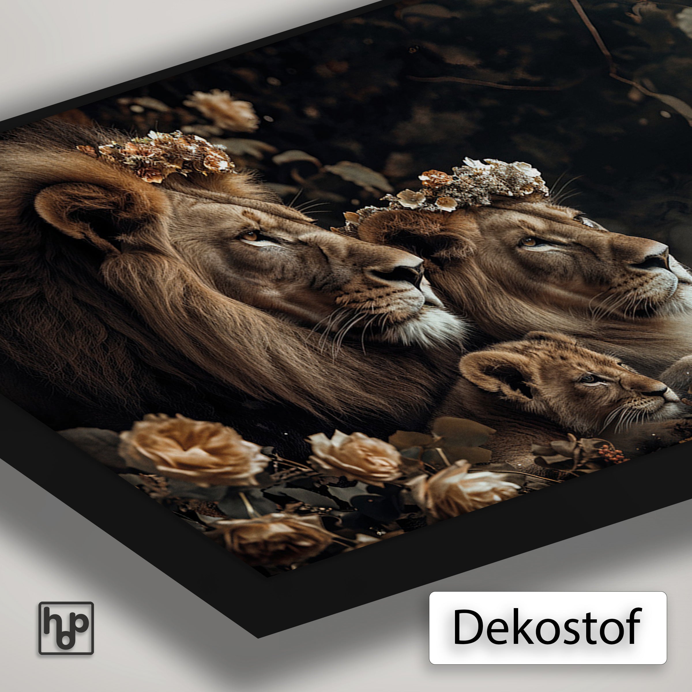 Detail van Artframe Leeuwen familie met dekostof en een zwart aluminium frame.