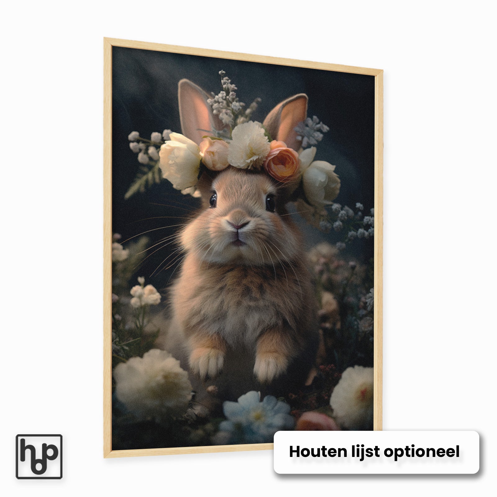 Aluminium Dibond schilderij Klein Konijn met een optionele naturel houten lijst.