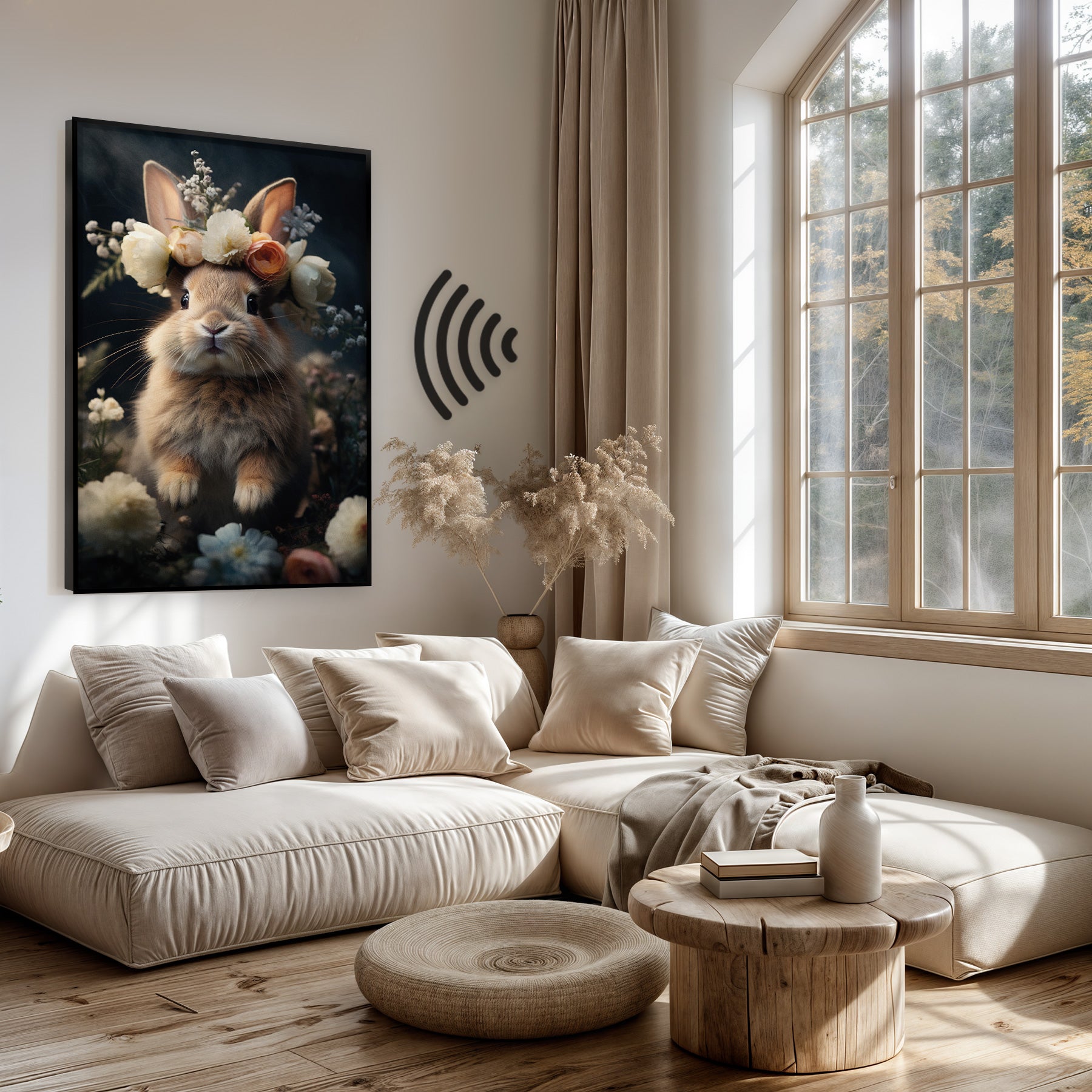 Akoestisch paneel Klein Konijn boven een lichte bank in een woonkamer.