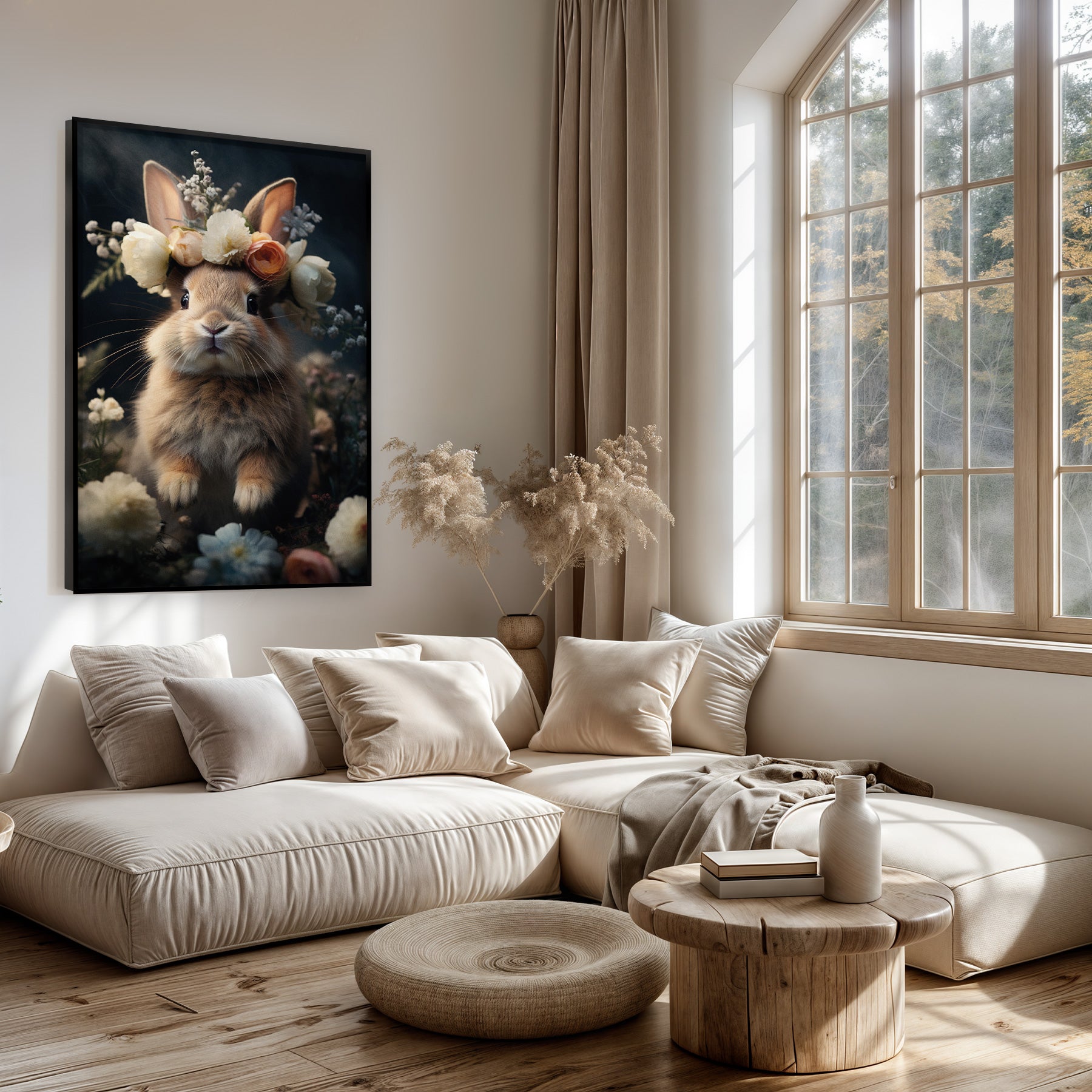 Artframe Klein Konijn boven een lichte bank in een woonkamer.