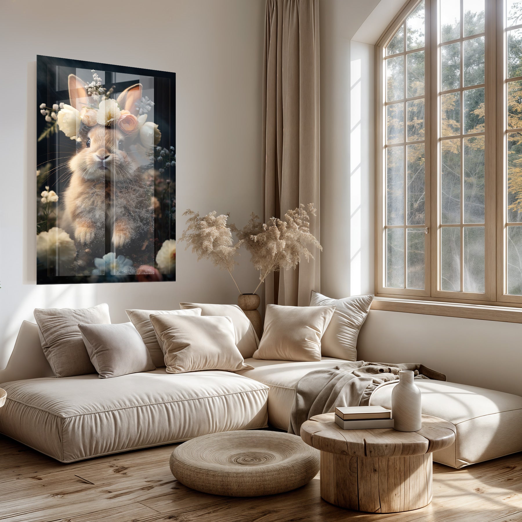 Plexiglas schilderij Klein Konijn boven een lichte bank in een woonkamer.