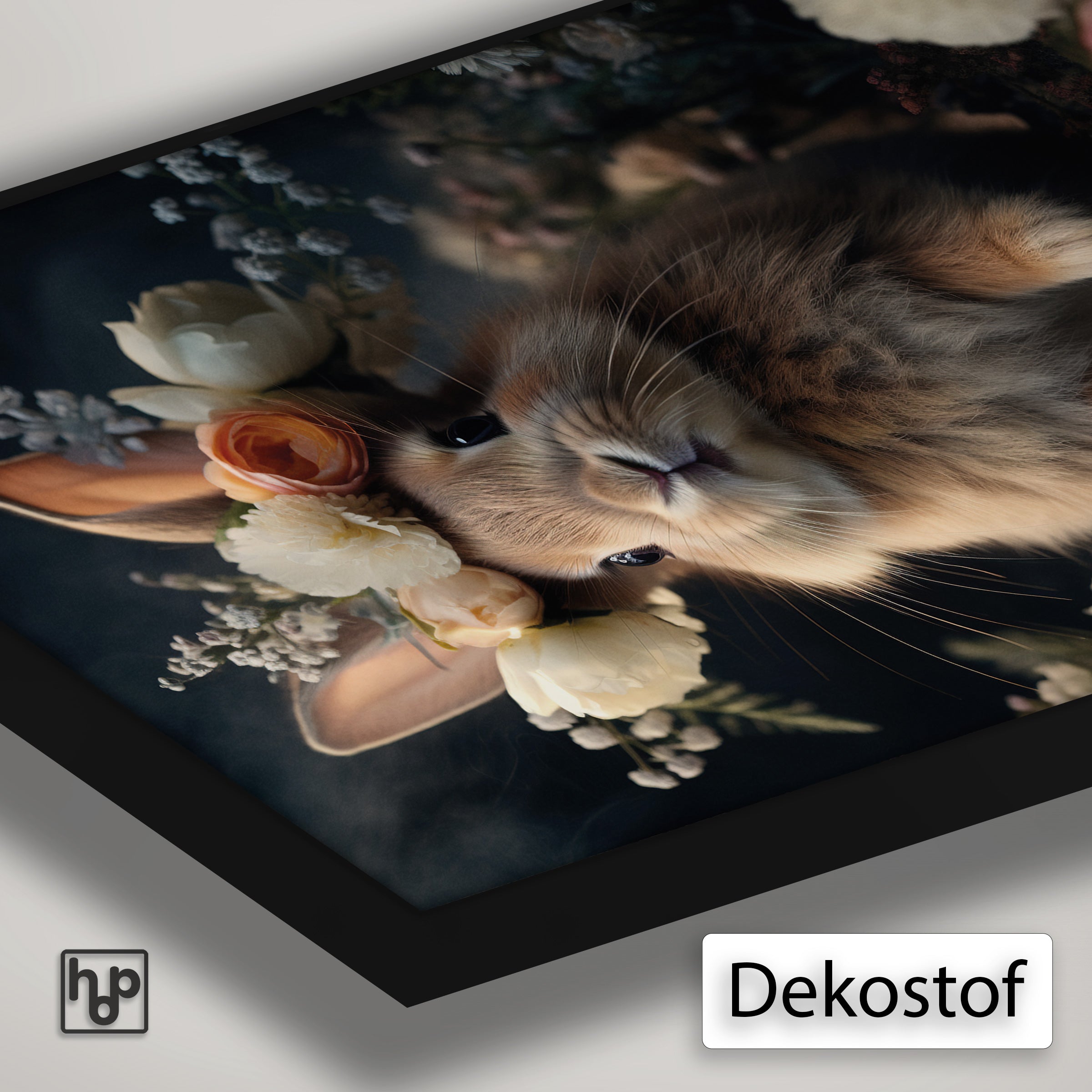 Detail van Artframe Klein Konijn met dekostof en een zwart aluminium frame.