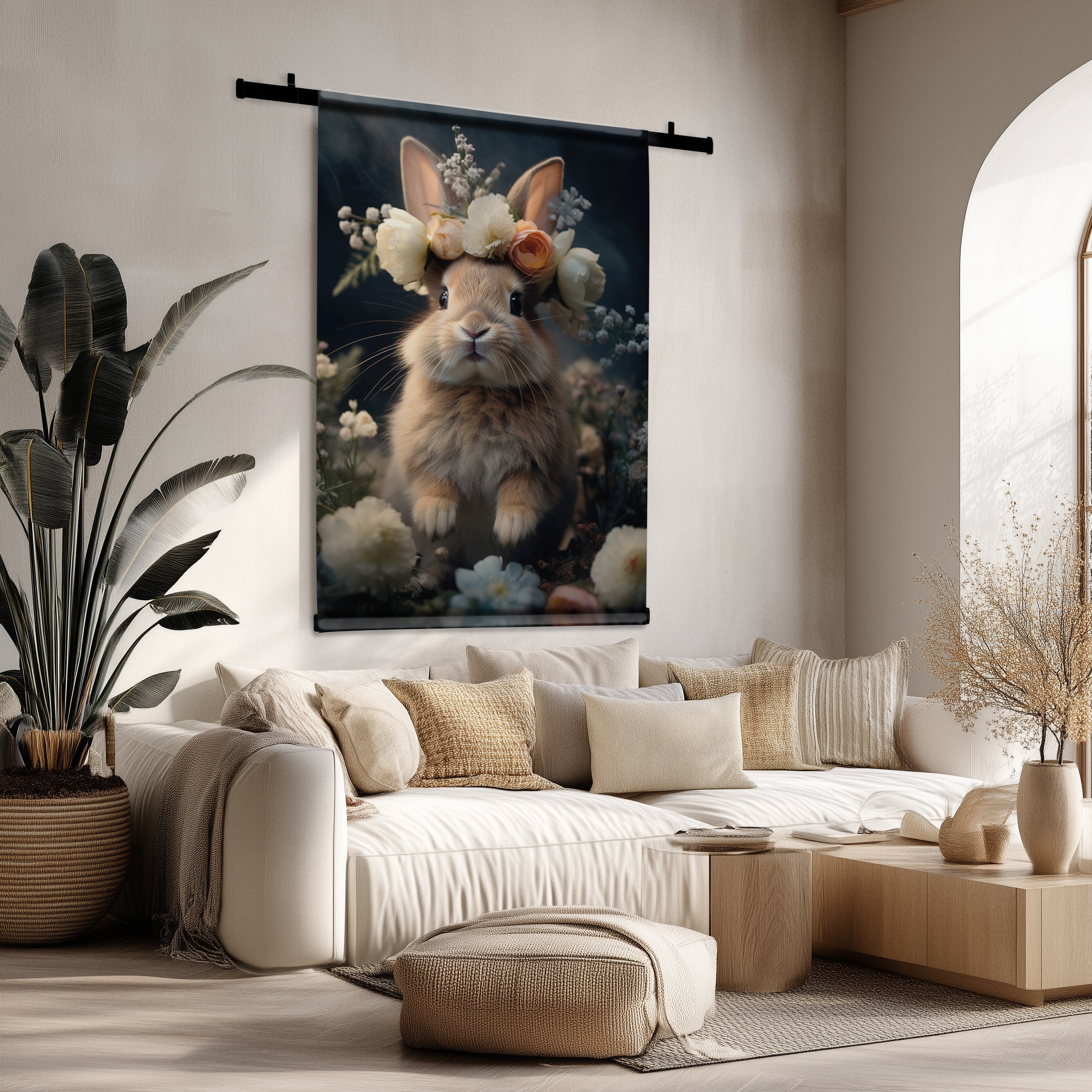 Wandkleed met lief konijn en bloemenkrans, hangend boven een beige bank in een lichte woonkamer.