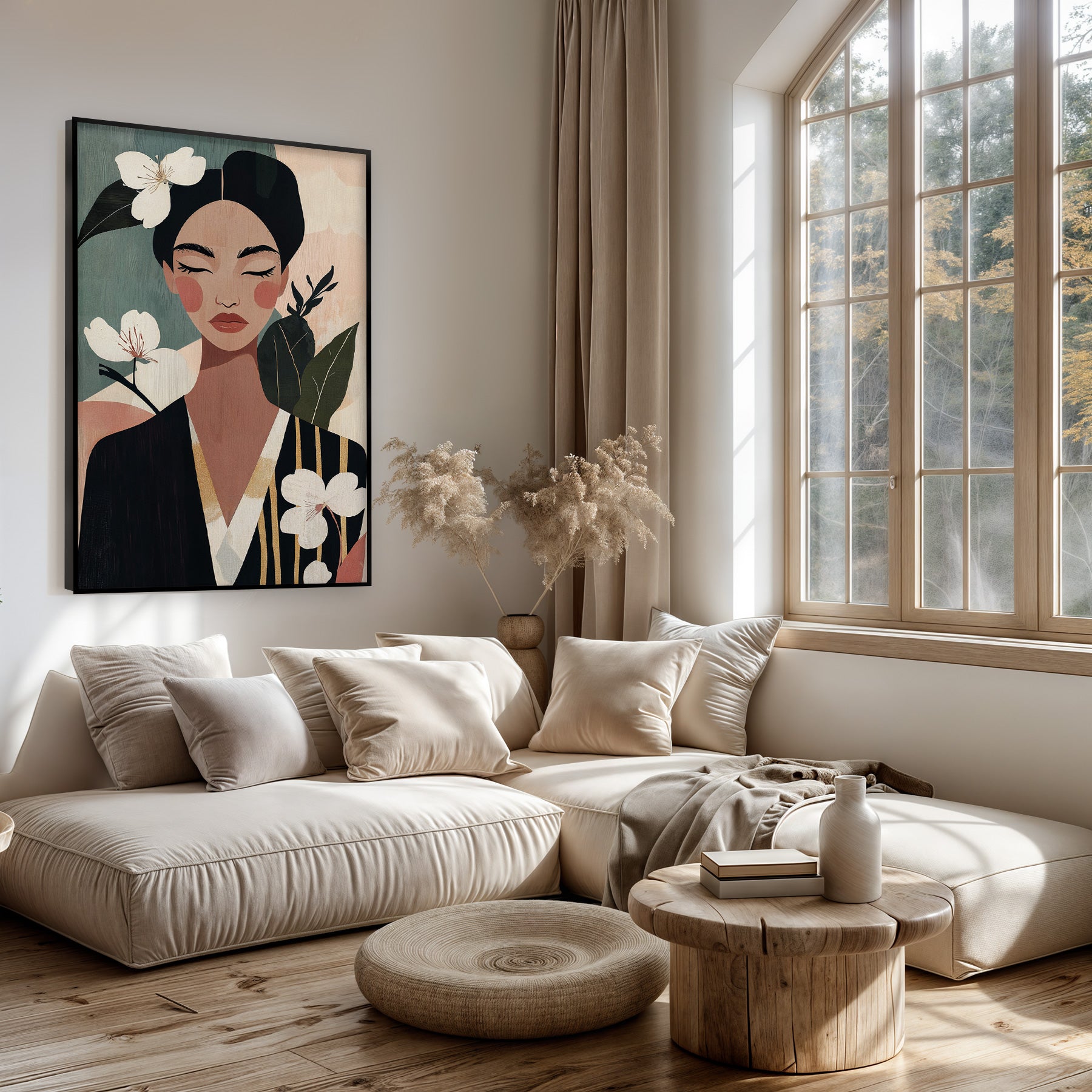 Artframe Lucy boven een lichte bank in een woonkamer.