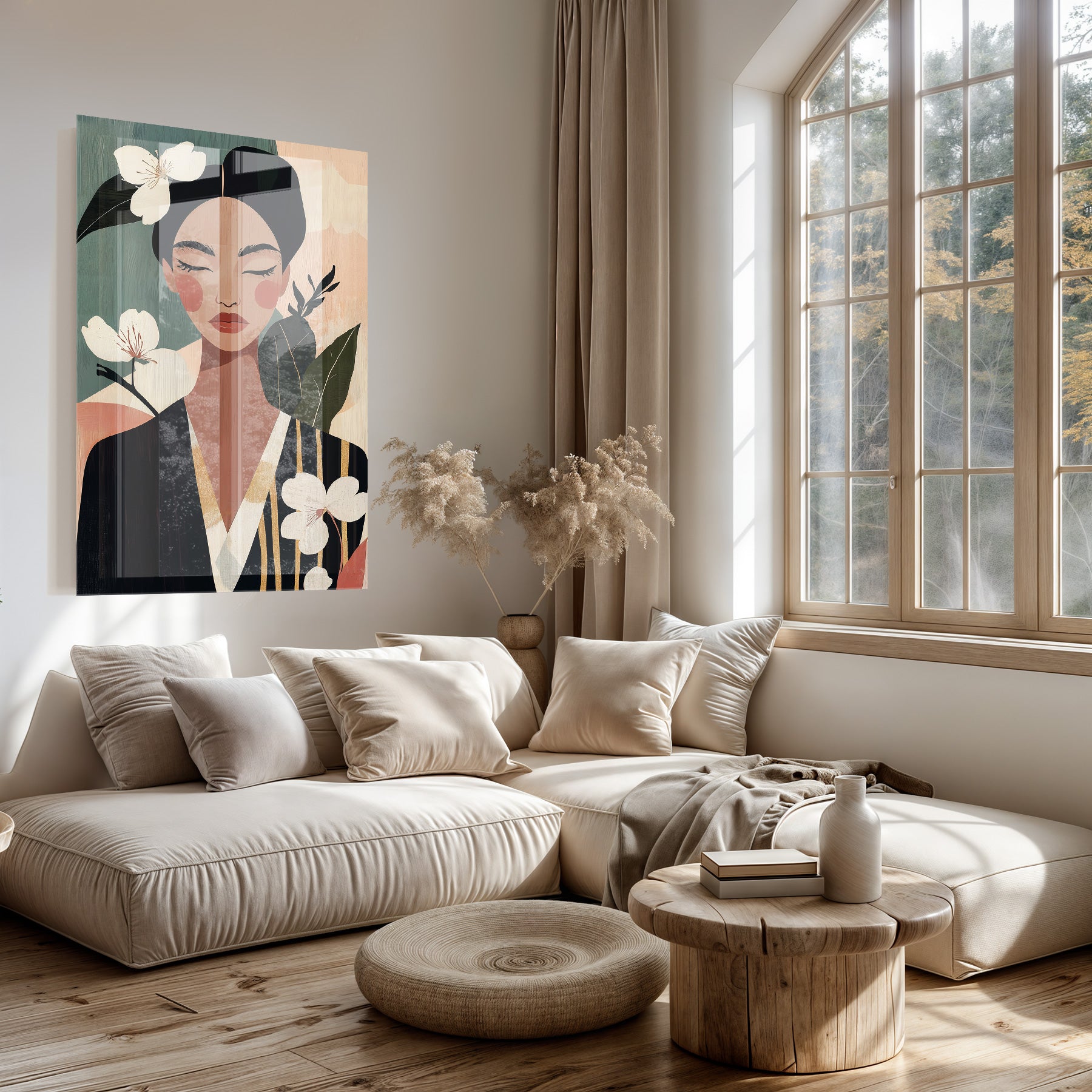 Plexiglas schilderij Lucy boven een lichte bank in een woonkamer.