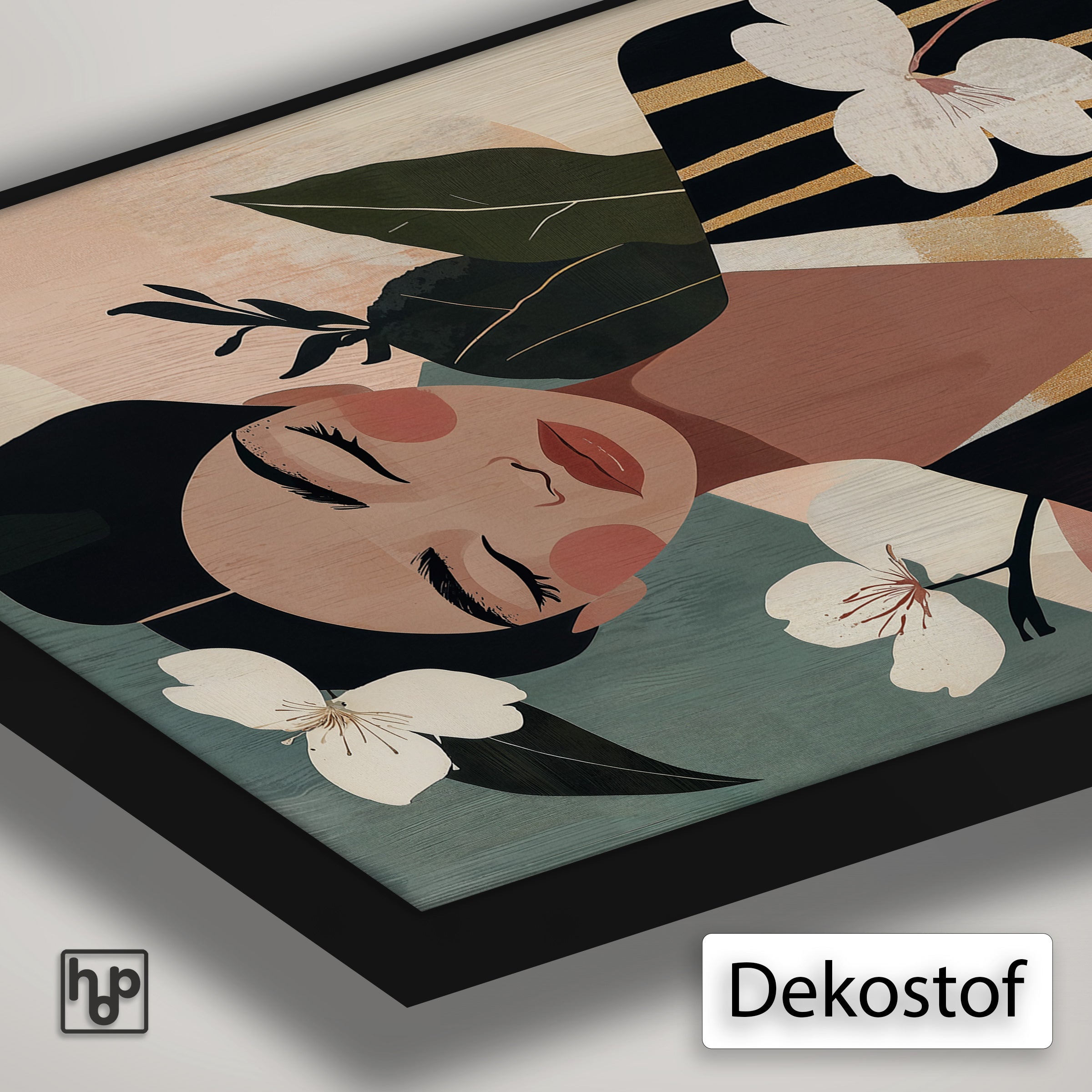 Detail van Artframe Lucy met dekostof en een zwart aluminium frame.