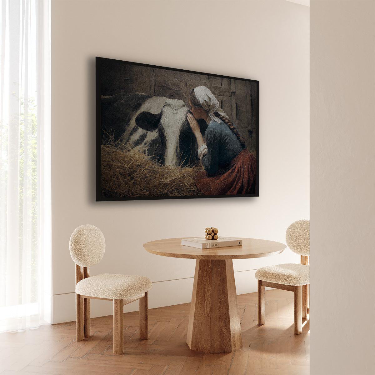 Artframe Meisje en de koe aan de muur bij een ronde houten eettafel.