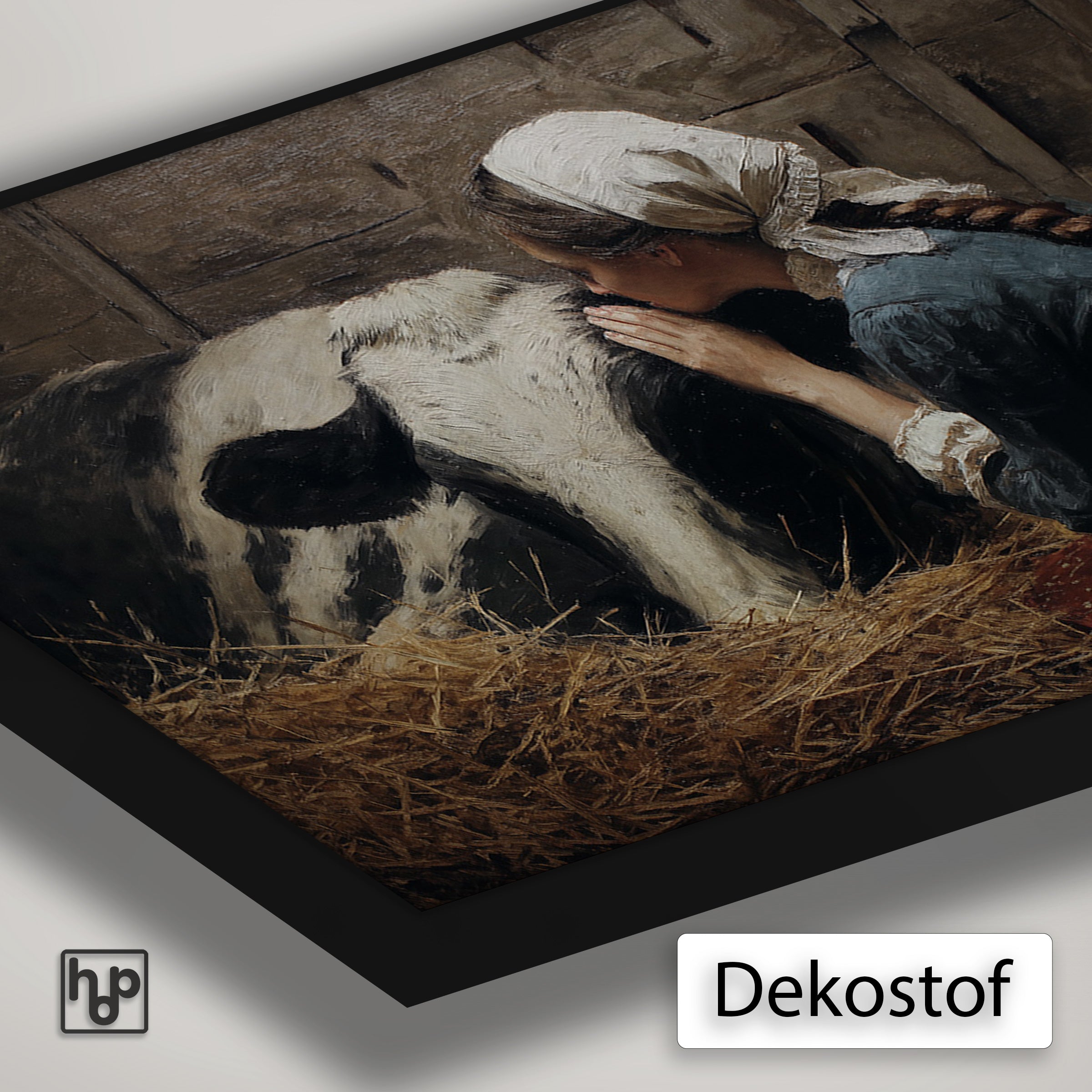 Detail van Artframe Meisje en de koe met dekostof en een zwart aluminium frame.