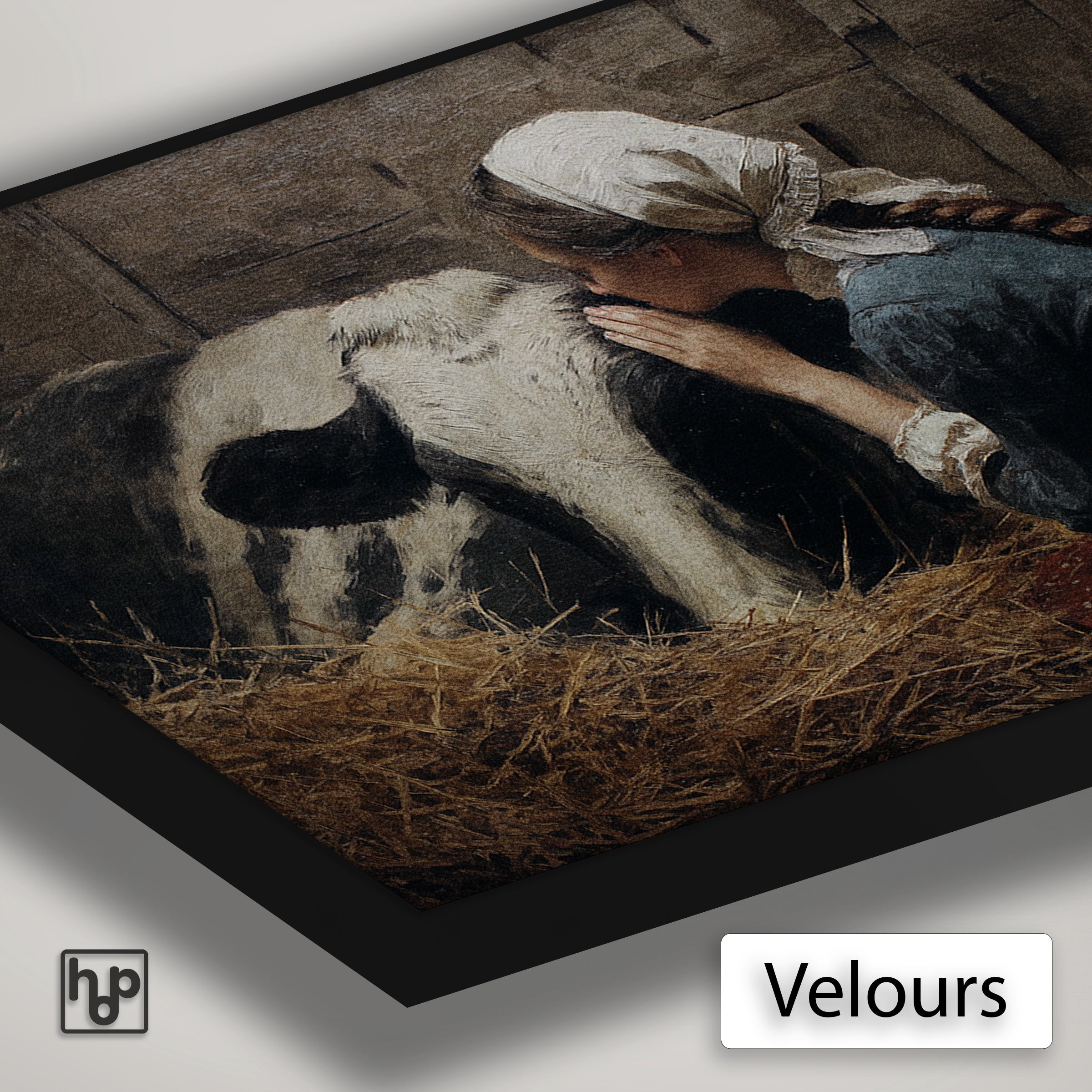 Detail van Artframe Meisje en de koe met velours doek en een zwart aluminium frame.