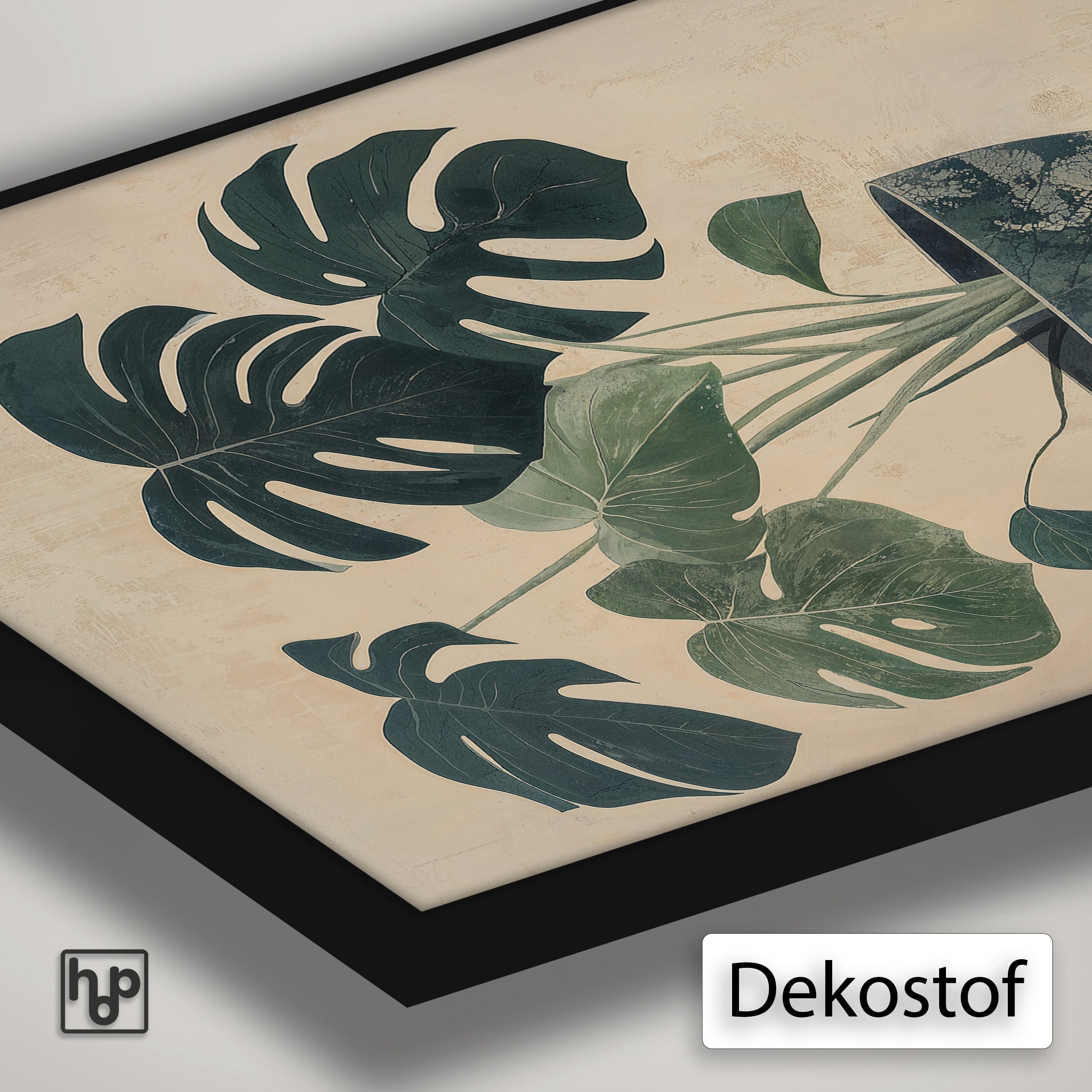 Detail van Artframe Monstera met dekostof en een zwart aluminium frame.