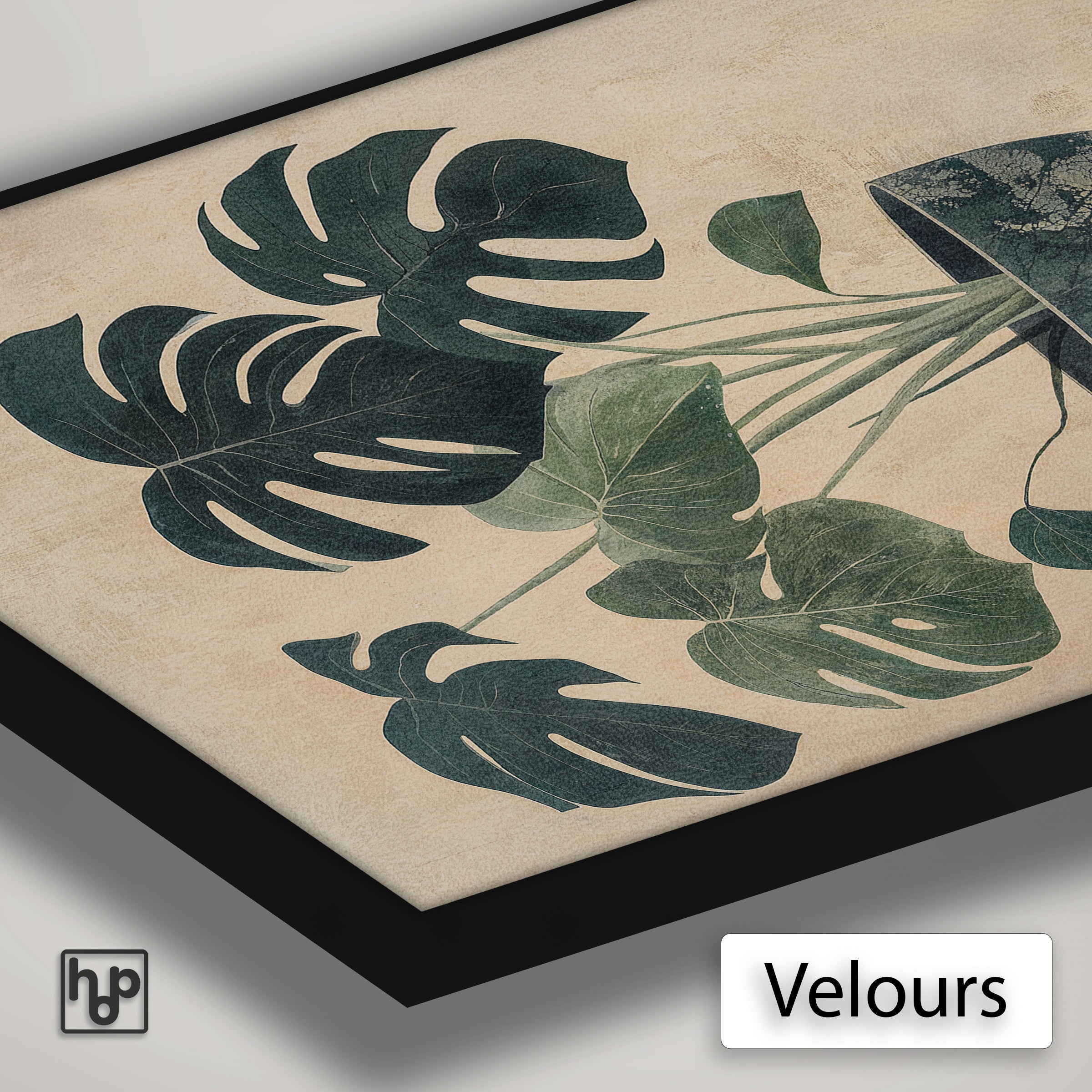 Detail van Artframe Monstera met velours doek en een zwart aluminium frame.