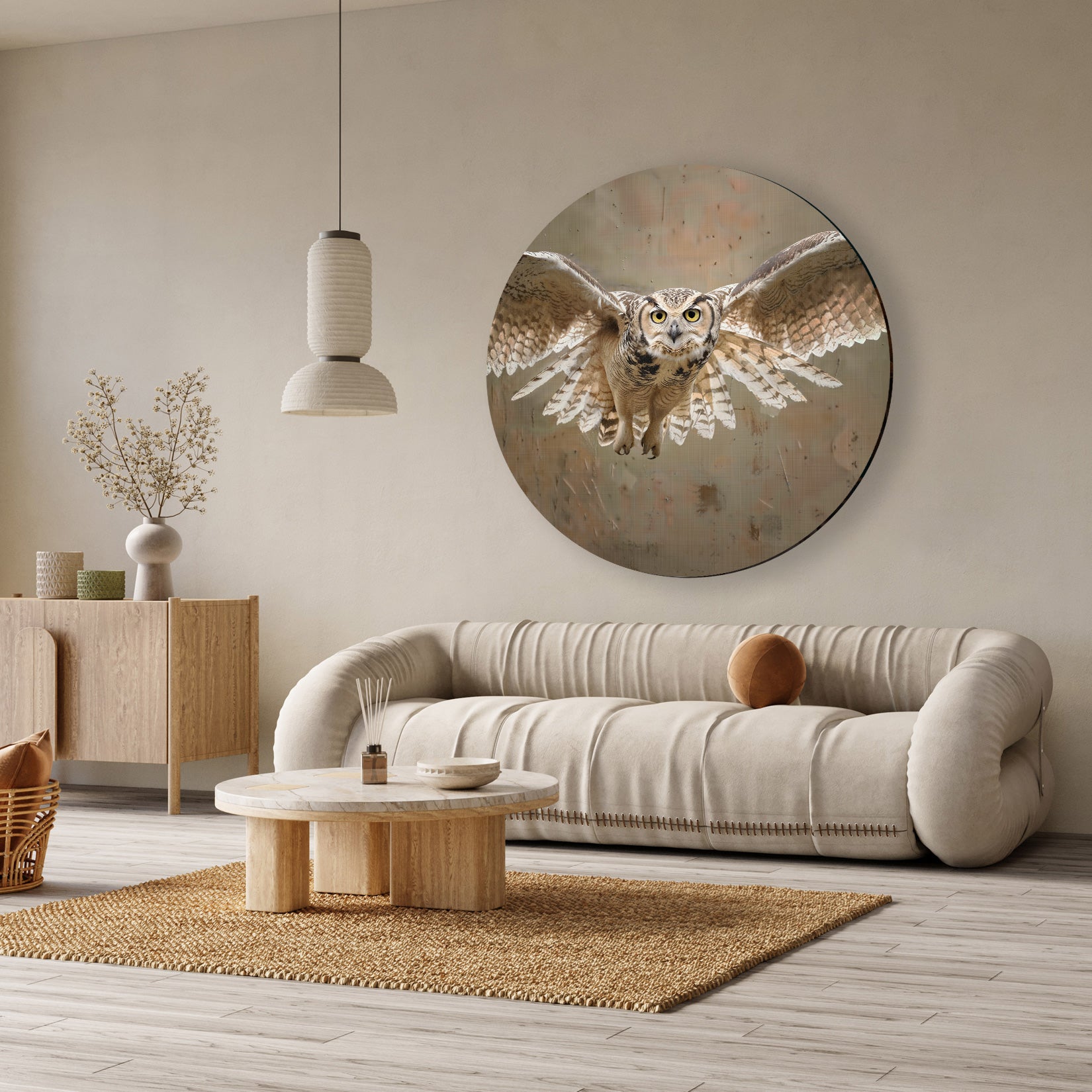 Aluminium muurcirkel Uil 9 boven een beige bank in een lichte woonkamer.