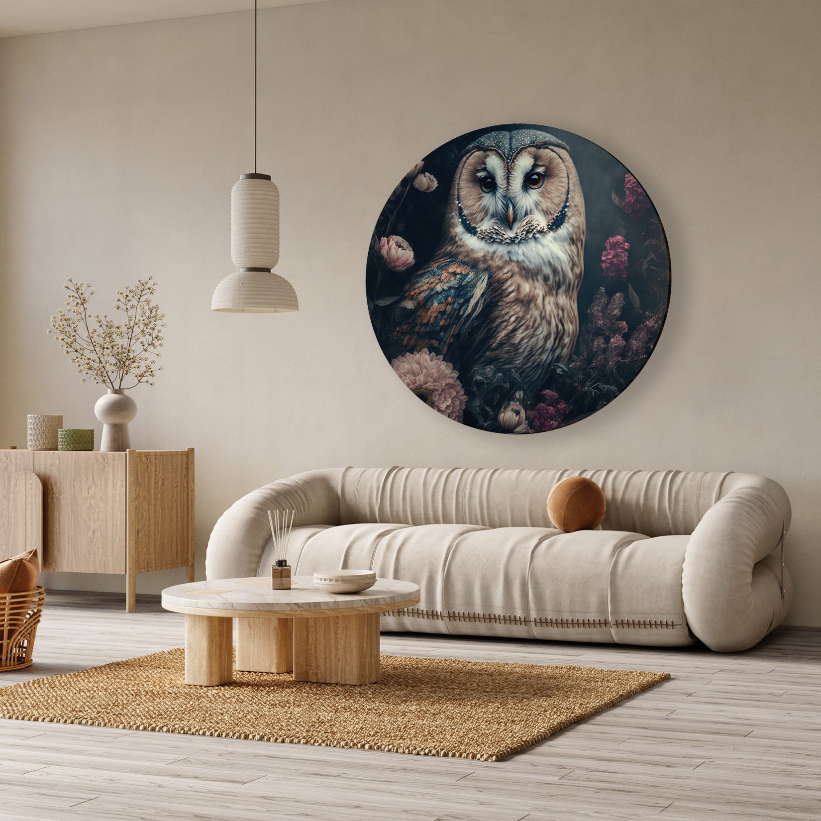 Ronde aluminium dibond muurcirkel met gedetailleerde uil en donker bloemendecor boven een beige bank.