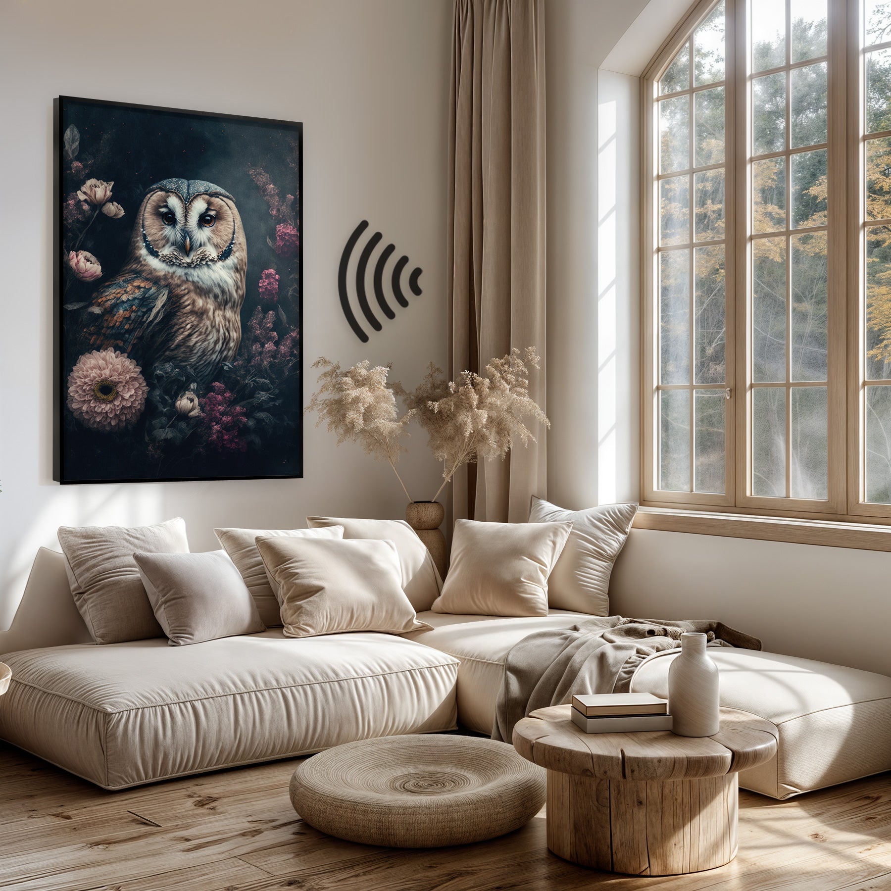 Akoestisch paneel Uil boven een lichte bank in een woonkamer.