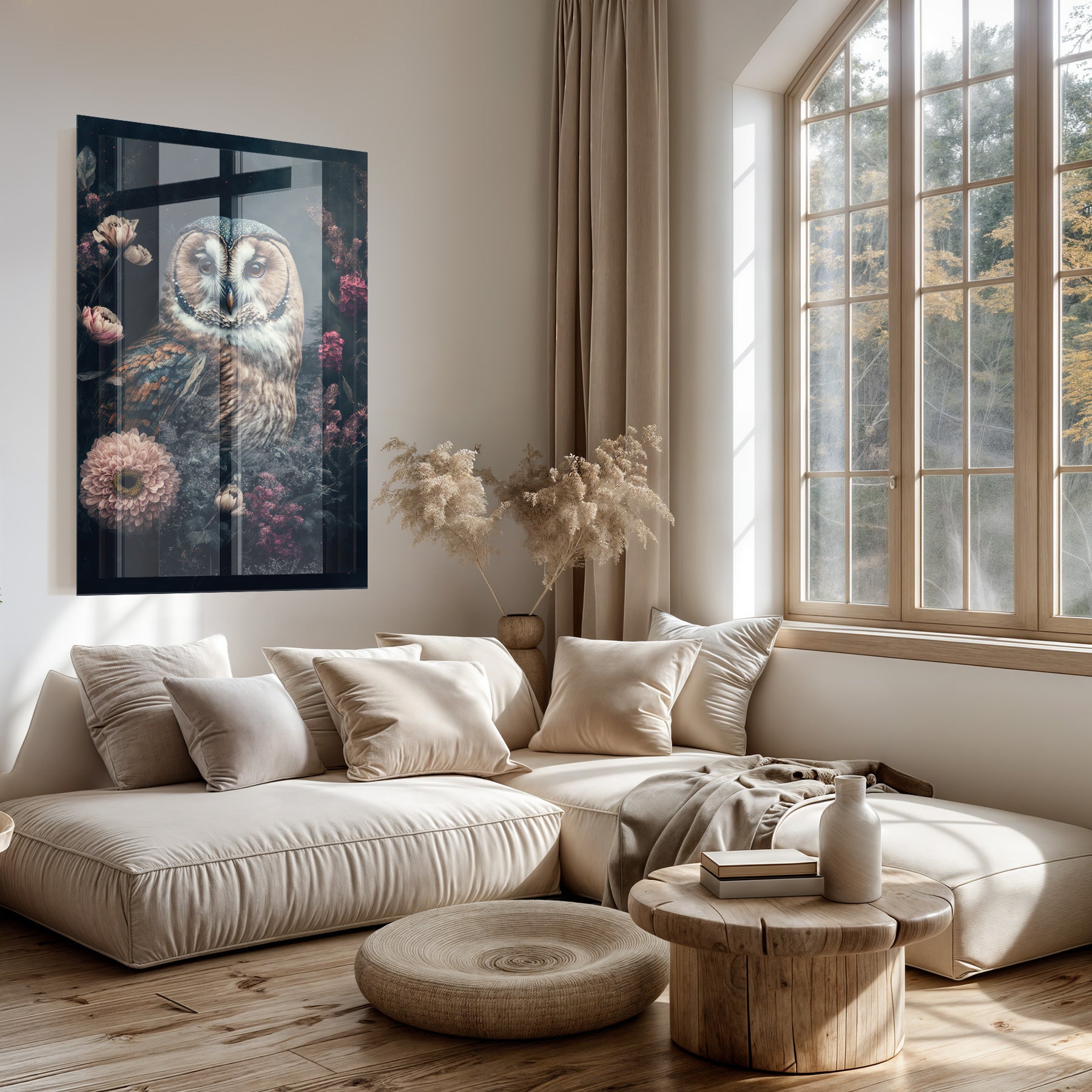 Plexiglas schilderij Uil boven een lichte bank in een woonkamer.